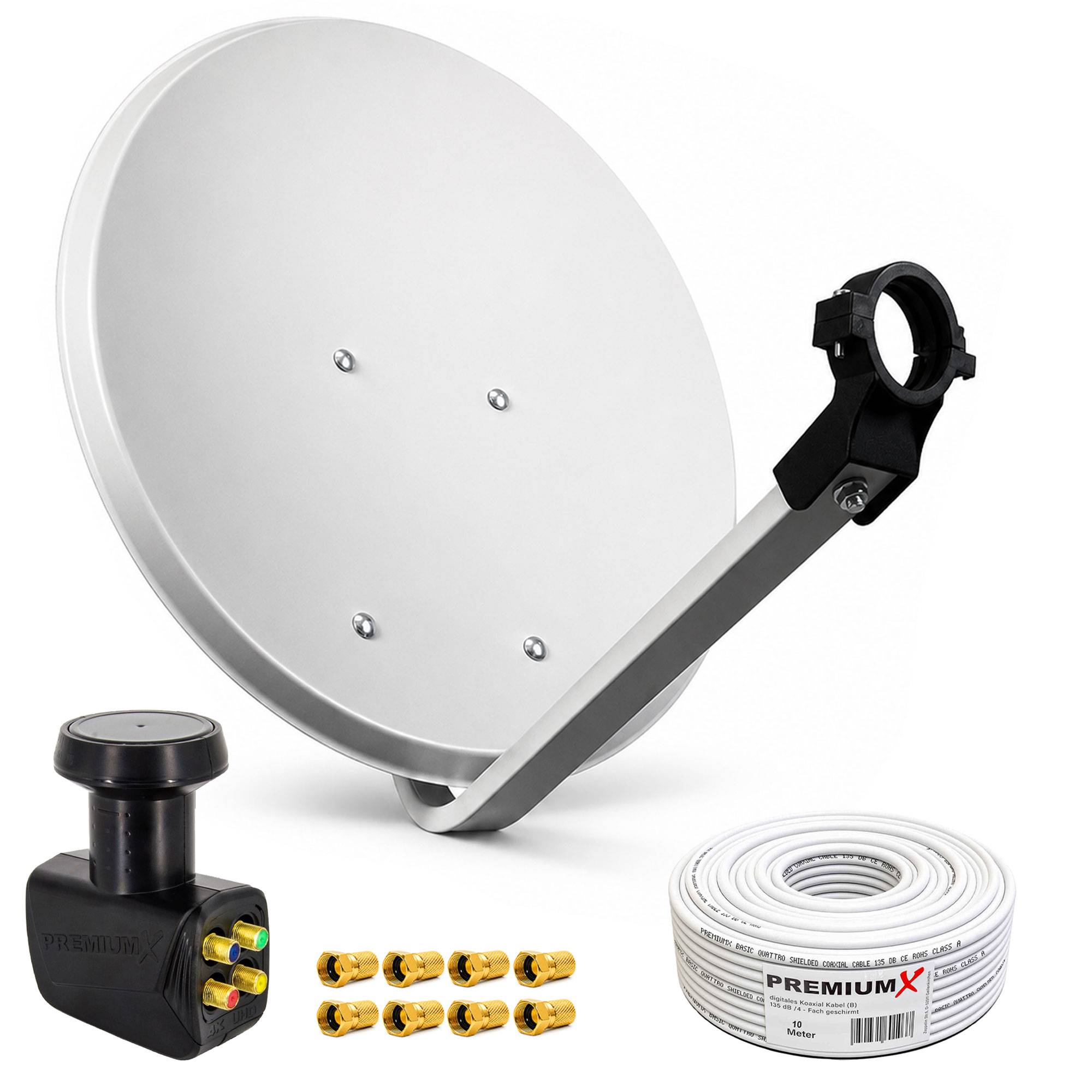 Satellitenschüssel-Set mit Montagearm, LNB, Koaxialkabelspule und goldenen Steckverbindern auf weißem Hintergrund.