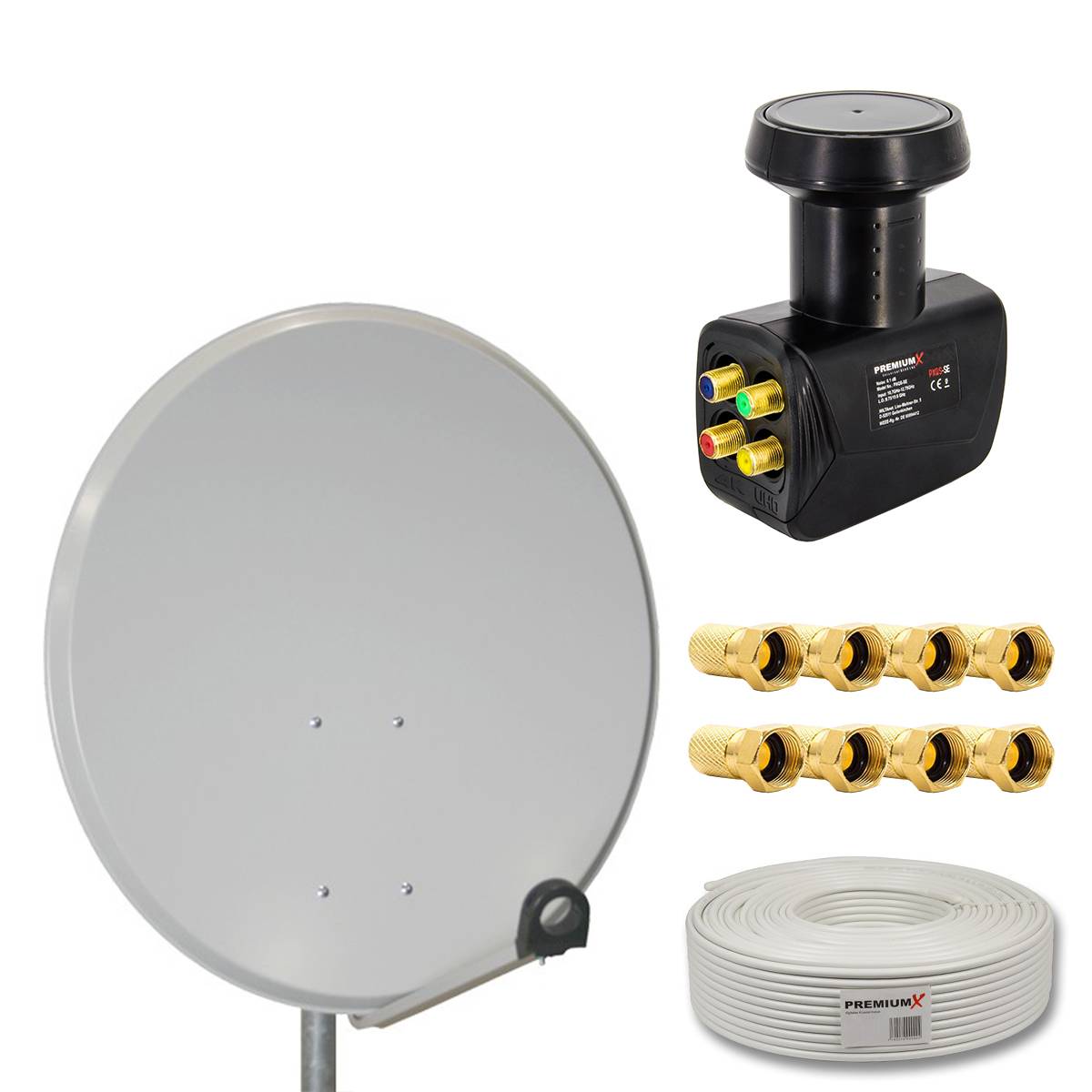 PremiumX Satelliten-Komplettanlage 80cm Satellitenschüssel SAT Quad LNB 10m Antennenkabel 8x F-Stecker