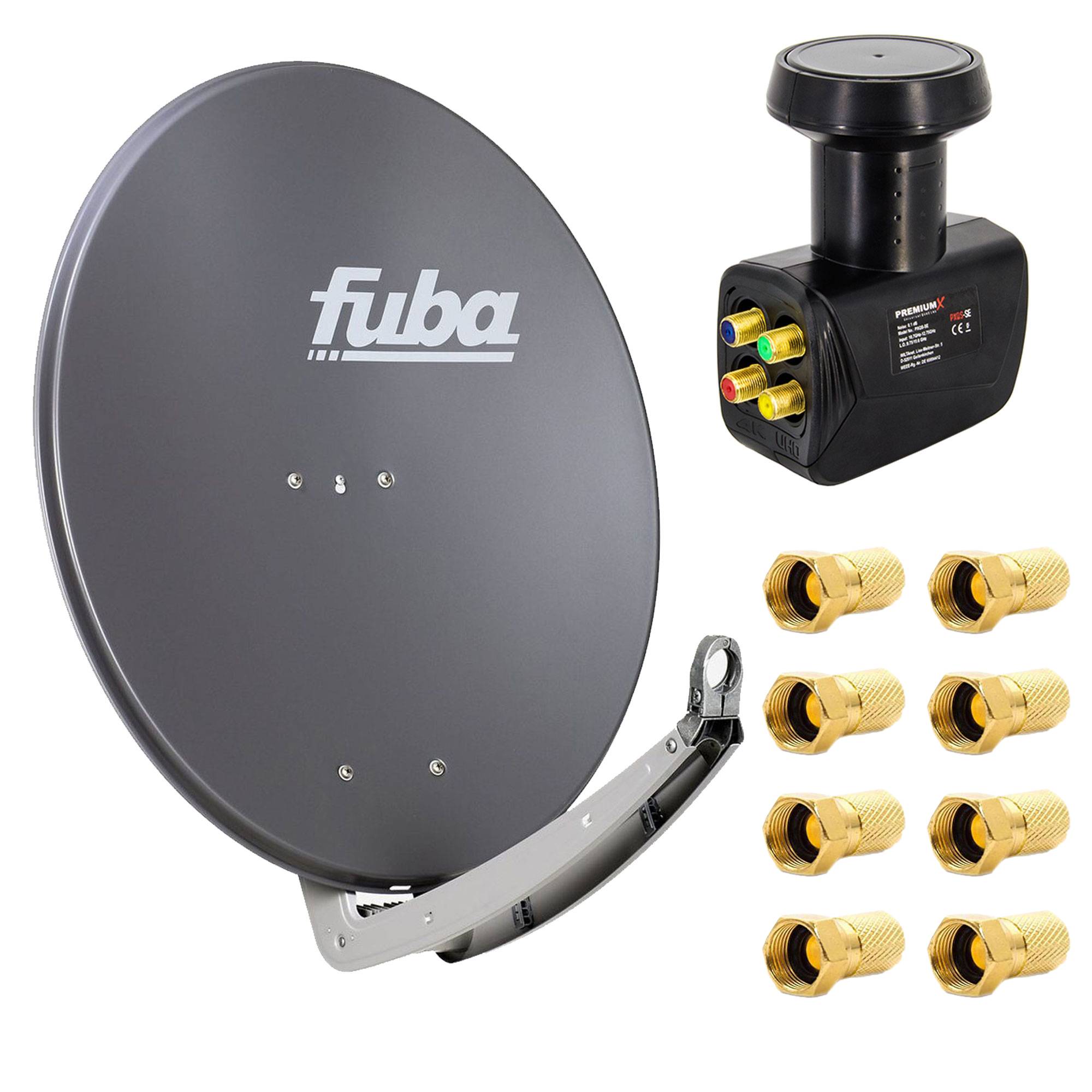 Premium X Satelliten-Komplettanlage Fuba DAA 780 A Satellitenschüssel Alu Anthrazit Quad LNB schwarz 8x F-Stecker für 4 Teilnehmer