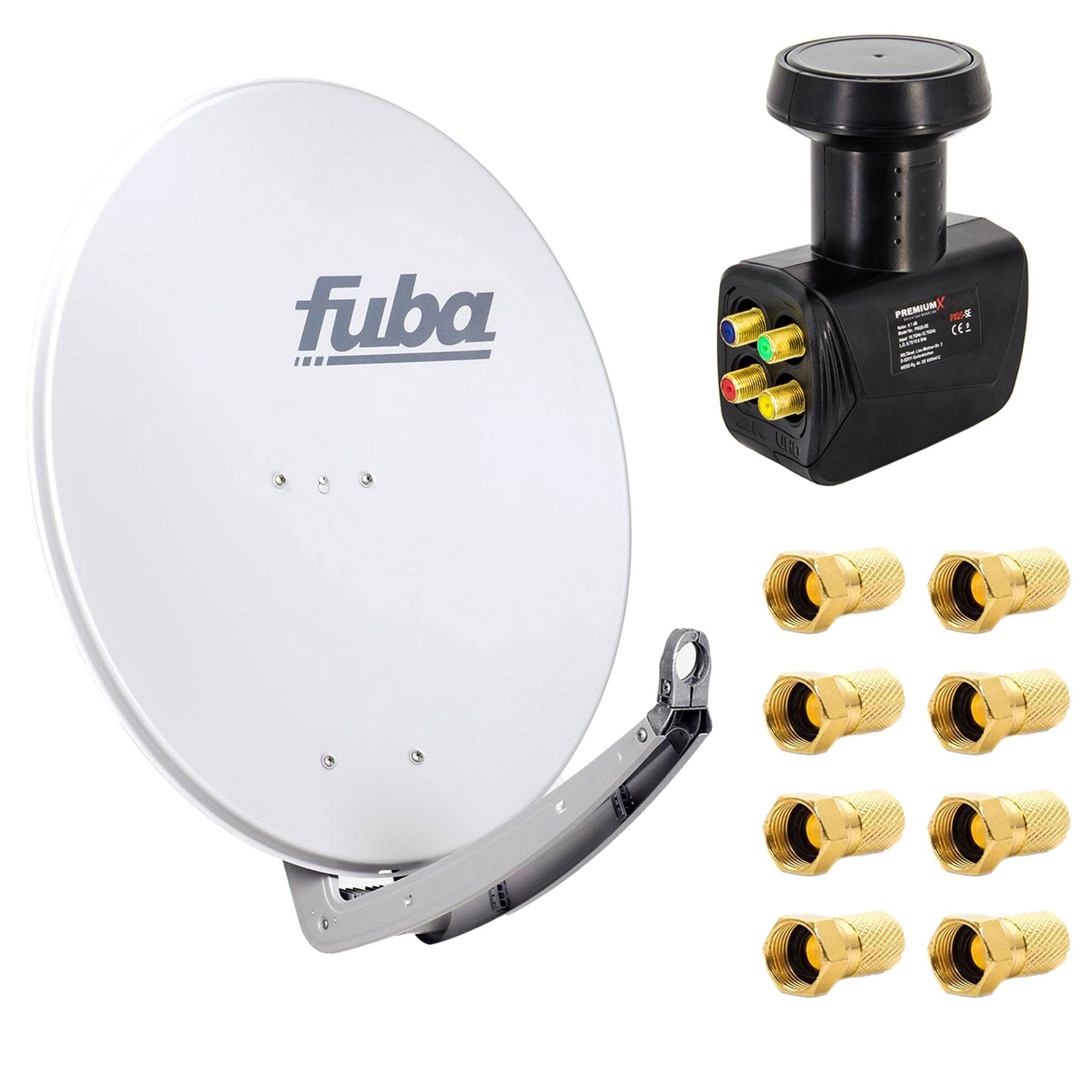 Premium X Satelliten-Komplettanlage Fuba DAA 780 G Satellitenschüssel Alu Grau Quad LNB schwarz 8x F-Stecker für 4 Teilnehmer