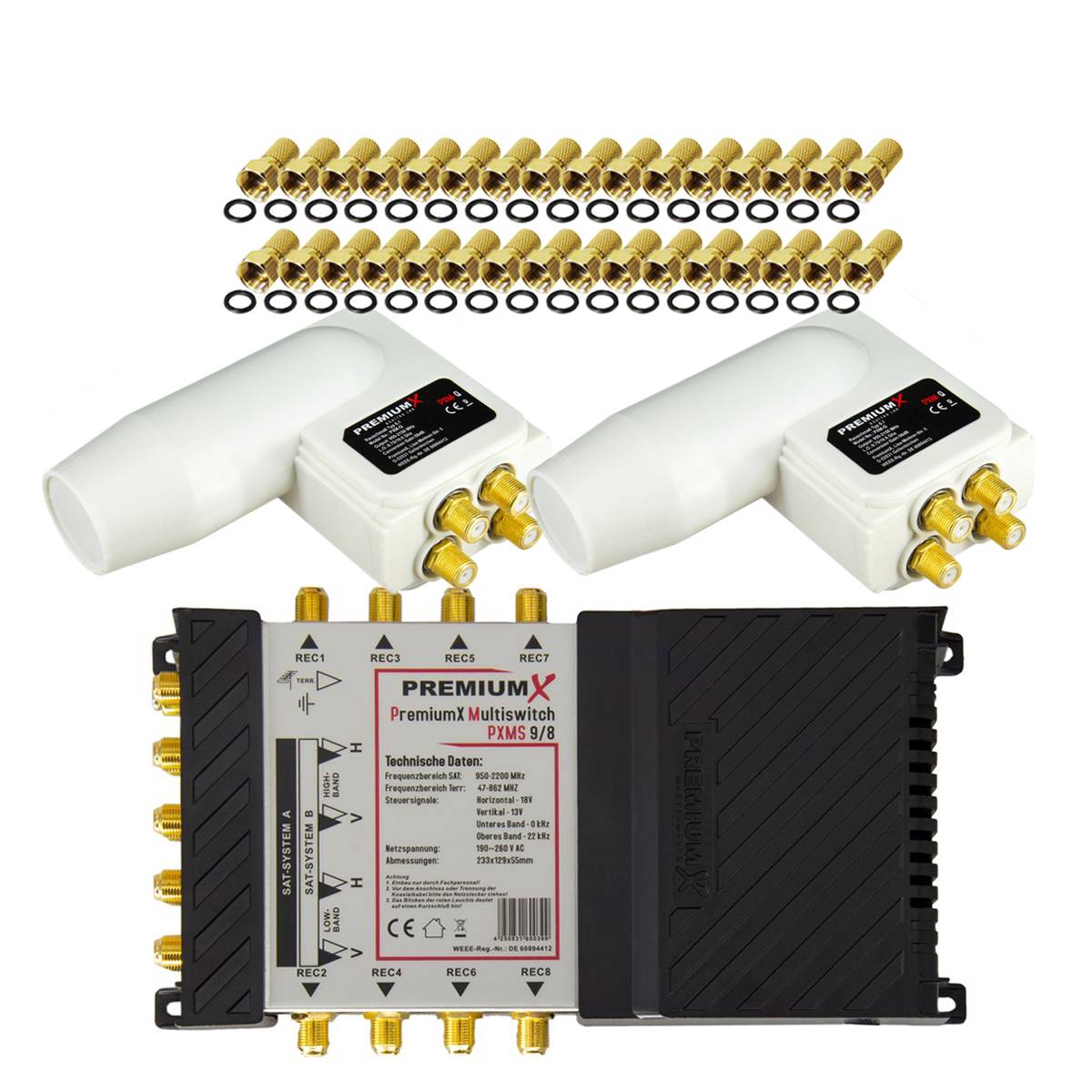 PremiumX Multischalter Set 9/8 Multiswitch 2x Quattro 3° Multifeed LNB 32x F-Stecker, Satblock Signalverteiler 2 SAT für 8 Teilnehmer