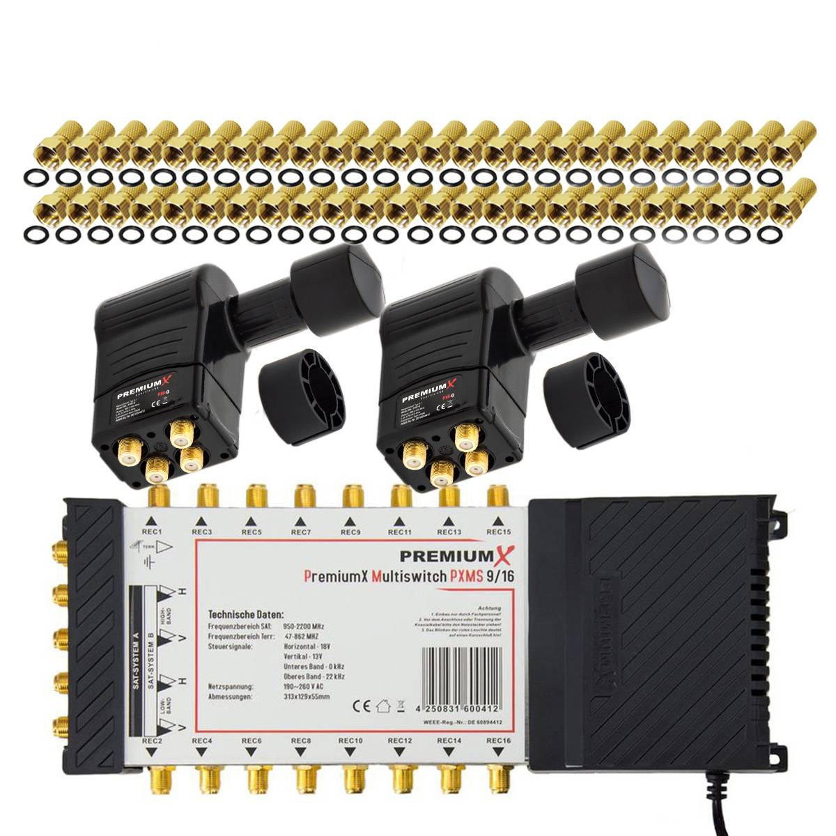 PremiumX Multischalter Set 9/16 Multiswitch 2x Multifeed 3° Slim Quattro LNB 48x F-Stecker, Satverteiler 2 SAT für 16 Teilnehmer