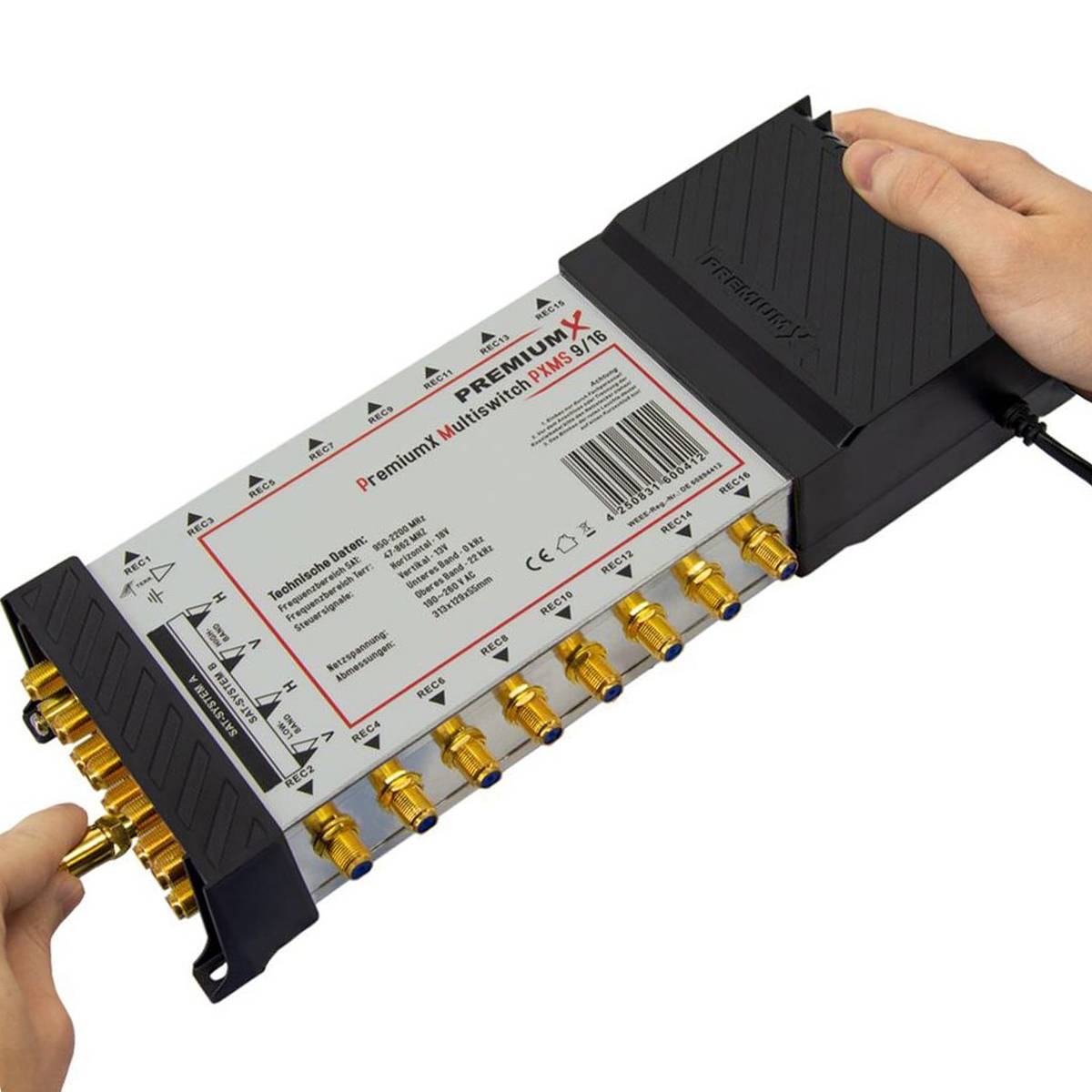 PremiumX Multischalter Set 9/16 Multiswitch 2x Multifeed 3° Slim Quattro LNB 48x F-Stecker, Satverteiler 2 SAT für 16 Teilnehmer