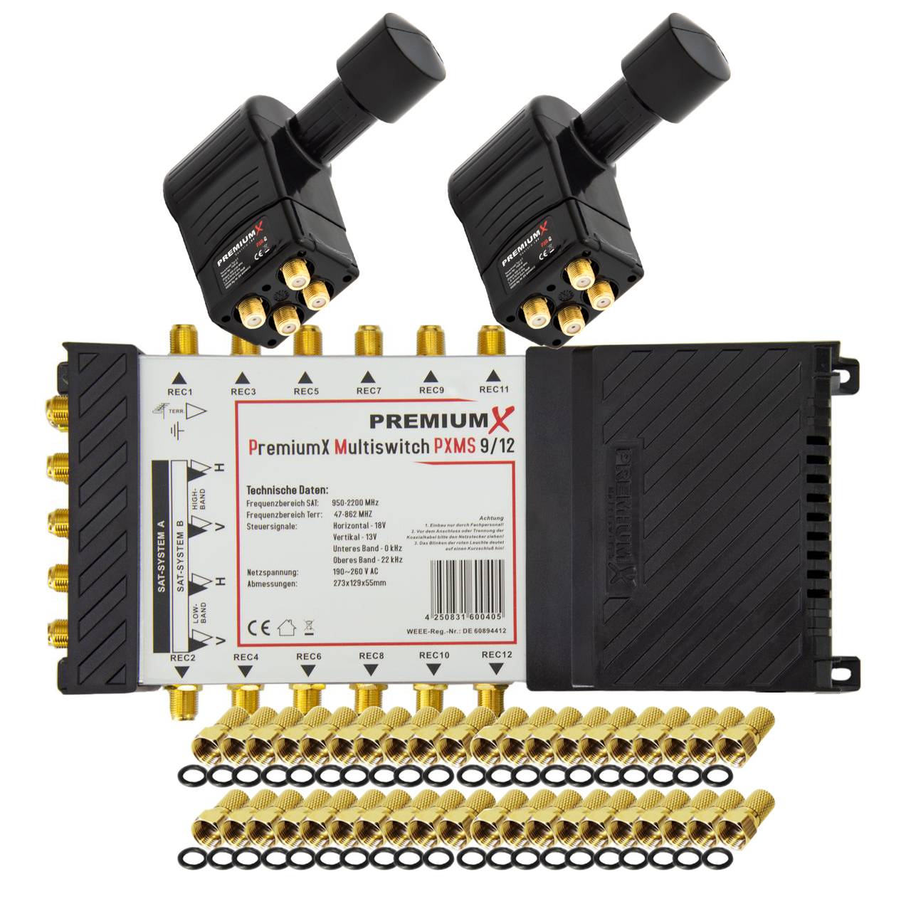 PremiumX Multischalter Set 9/12 Multiswitch 2x Multifeed 3° Rocket Quattro LNB 40x F-Stecker, Satverteiler 2 SAT für 12 Teilnehmer