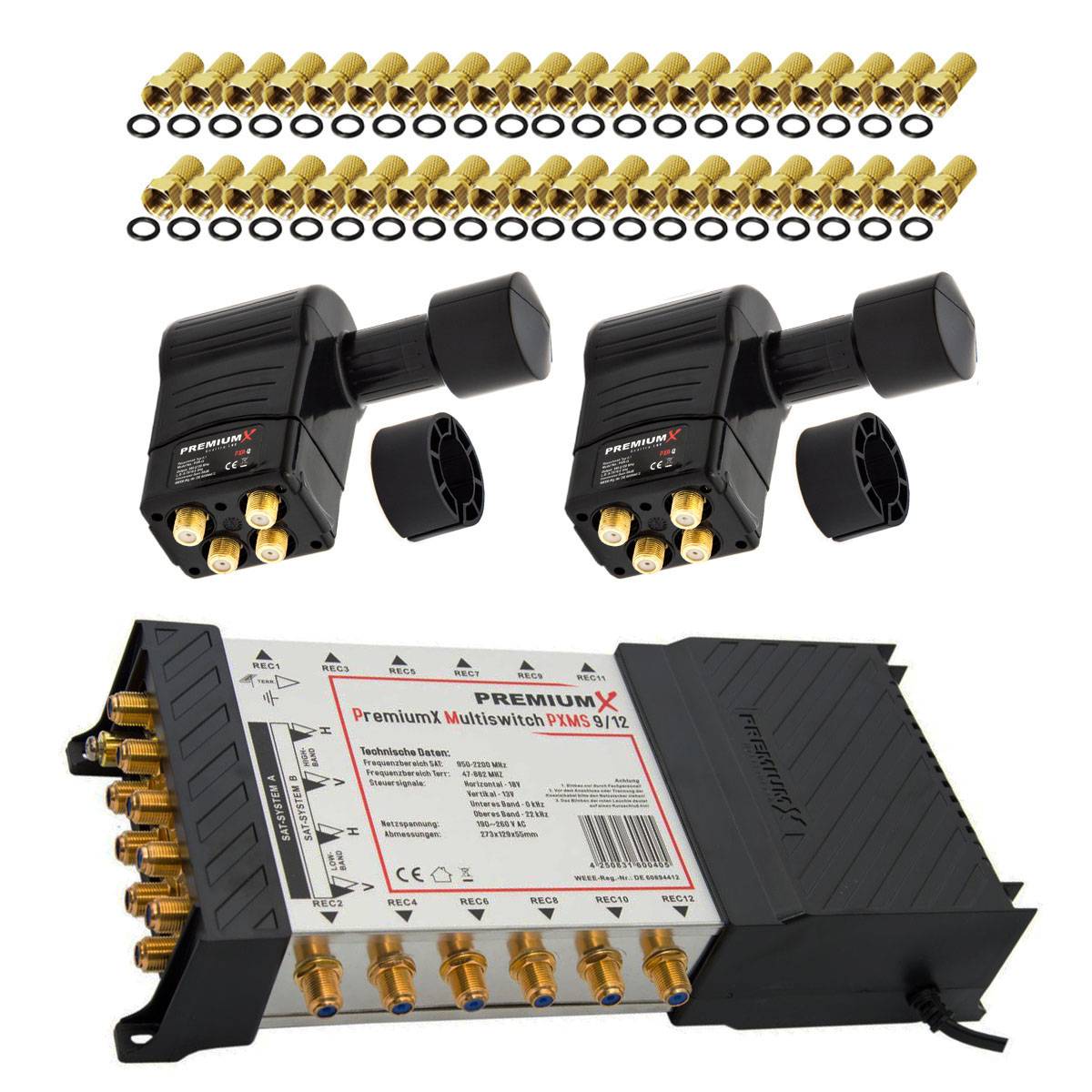 PremiumX Multischalter Set 9/12 Multiswitch 2x Multifeed 3° Rocket Quattro LNB 40x F-Stecker, Satverteiler 2 SAT für 12 Teilnehmer
