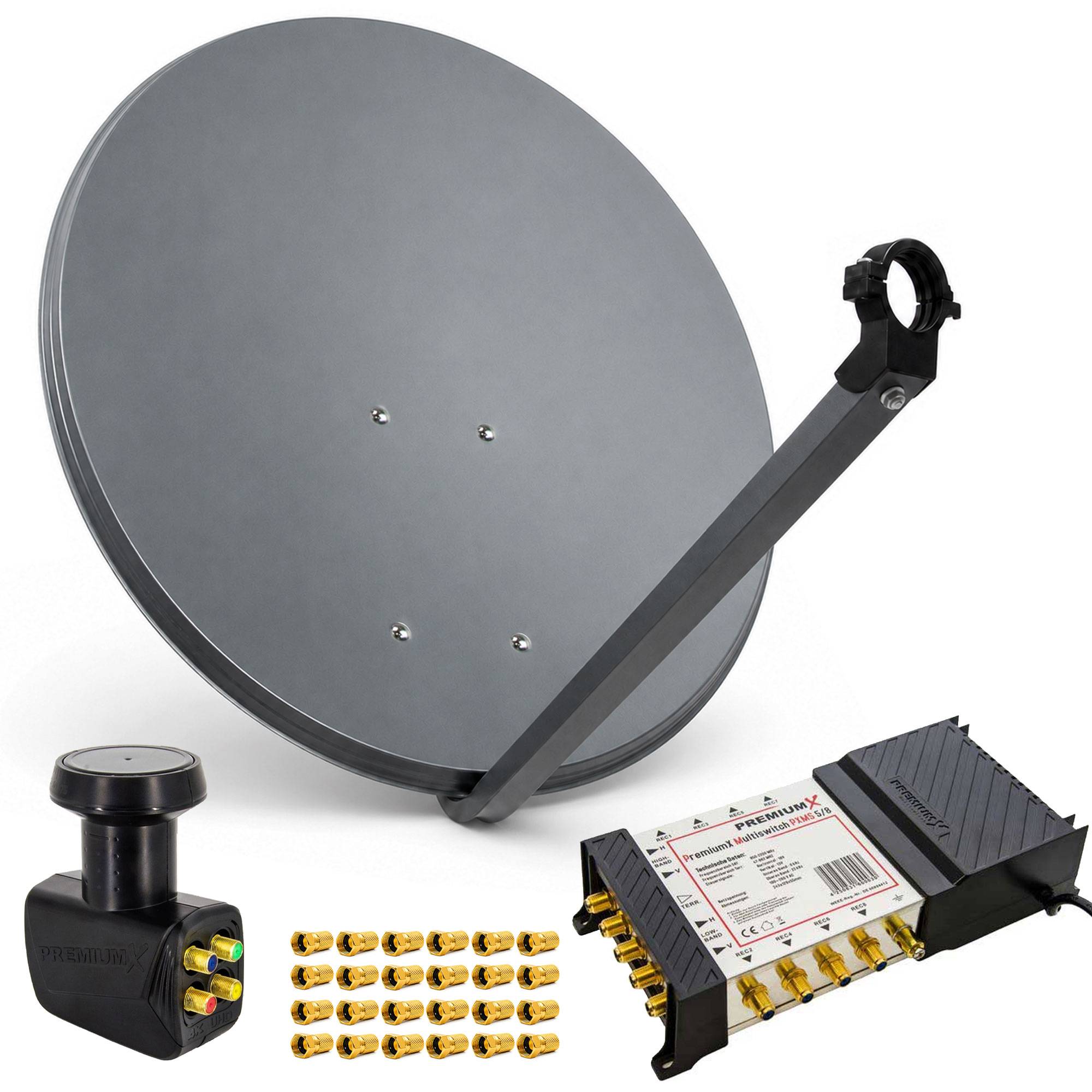 PremiumX Satelliten-Komplettanlage 80cm Satellitenschüssel Multischalter 5-8 Multiswitch Quattro LNB 24x Stecker SAT 8 Teilnehmer