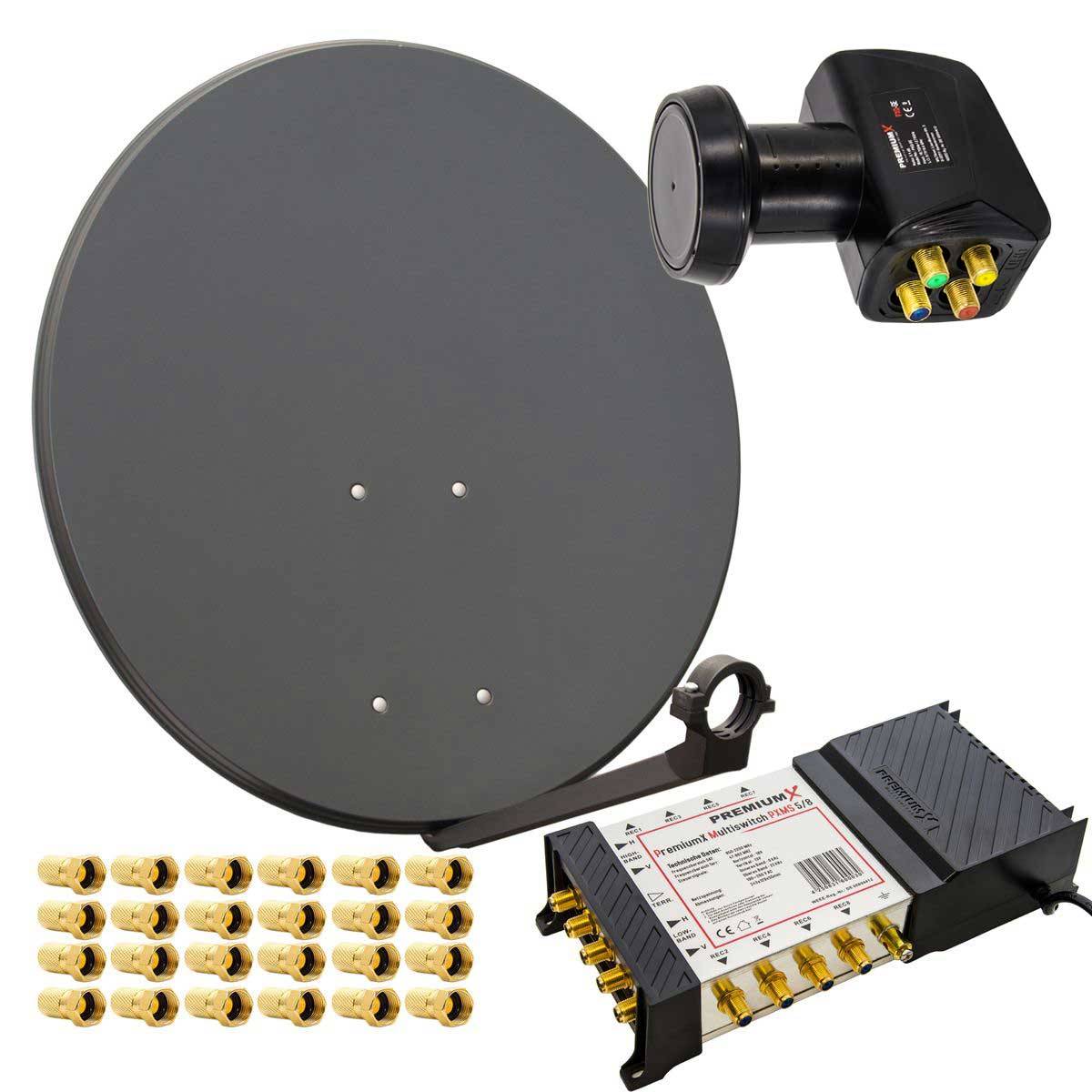 PremiumX Satelliten-Komplettanlage 80cm Satellitenschüssel Multischalter 5-8 Multiswitch Quattro LNB 24x Stecker SAT 8 Teilnehmer