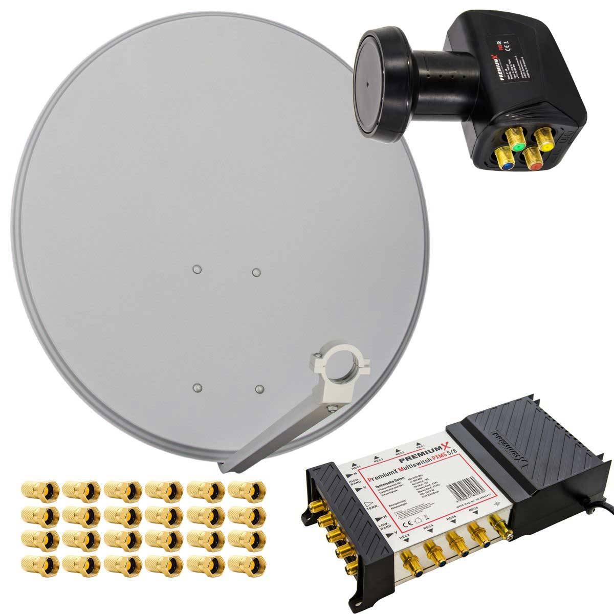 PremiumX Satelliten-Komplettanlage 80cm Satellitenschüssel Stahl Hellgrau Multischalter 5/8 Quattro LNB für 8 Teilnehmer in HD 4K 8K