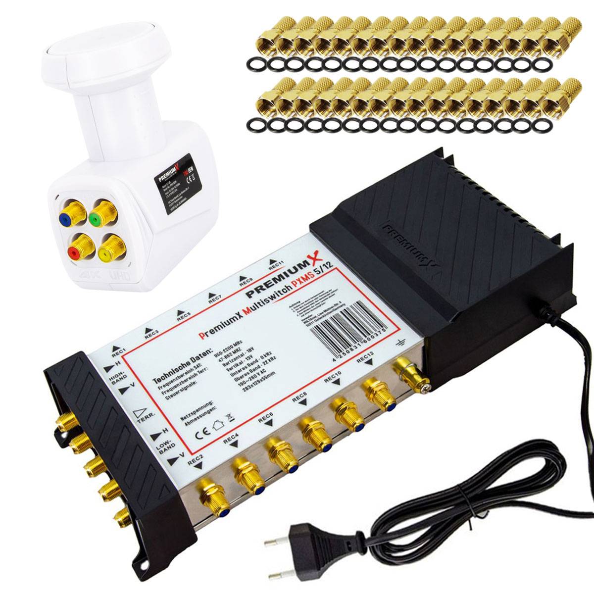 PremiumX Multischalter Set 5/12 Satelliten Multiswitch Quattro LNB weiß 32x F-Stecker Signalverteiler 1 SAT für 12 Teilnehmer