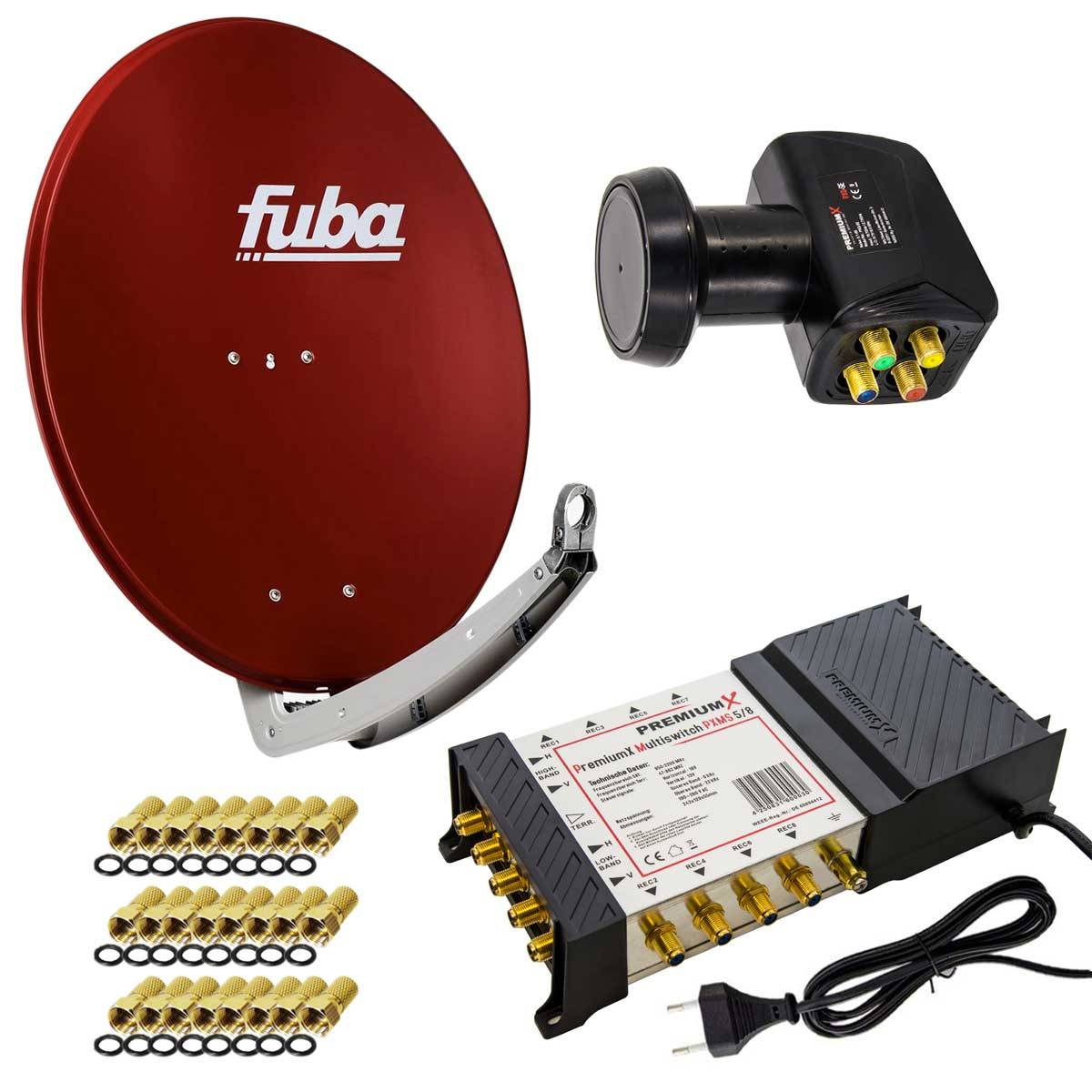 PremiumX Satelliten-Komplettanlage Fuba DAA 780 R Satellitenschüssel Alu Ziegelrot 5/8 Multischalter Quattro LNB 24x F-Stecker, 1 SAT 8 Teilnehmer