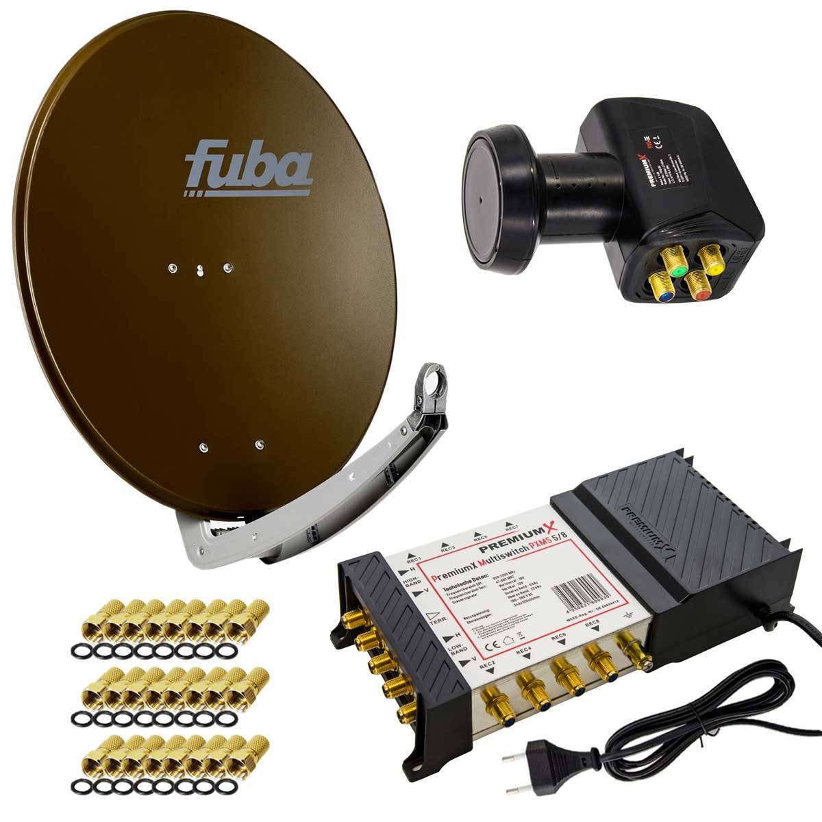 PremiumX Satelliten-Komplettanlage Fuba DAA 780 B Satellitenschüssel Alu Braun 5/8 Multischalter Quattro LNB 24x F-Stecker, 1 SAT 8 Teilnehmer