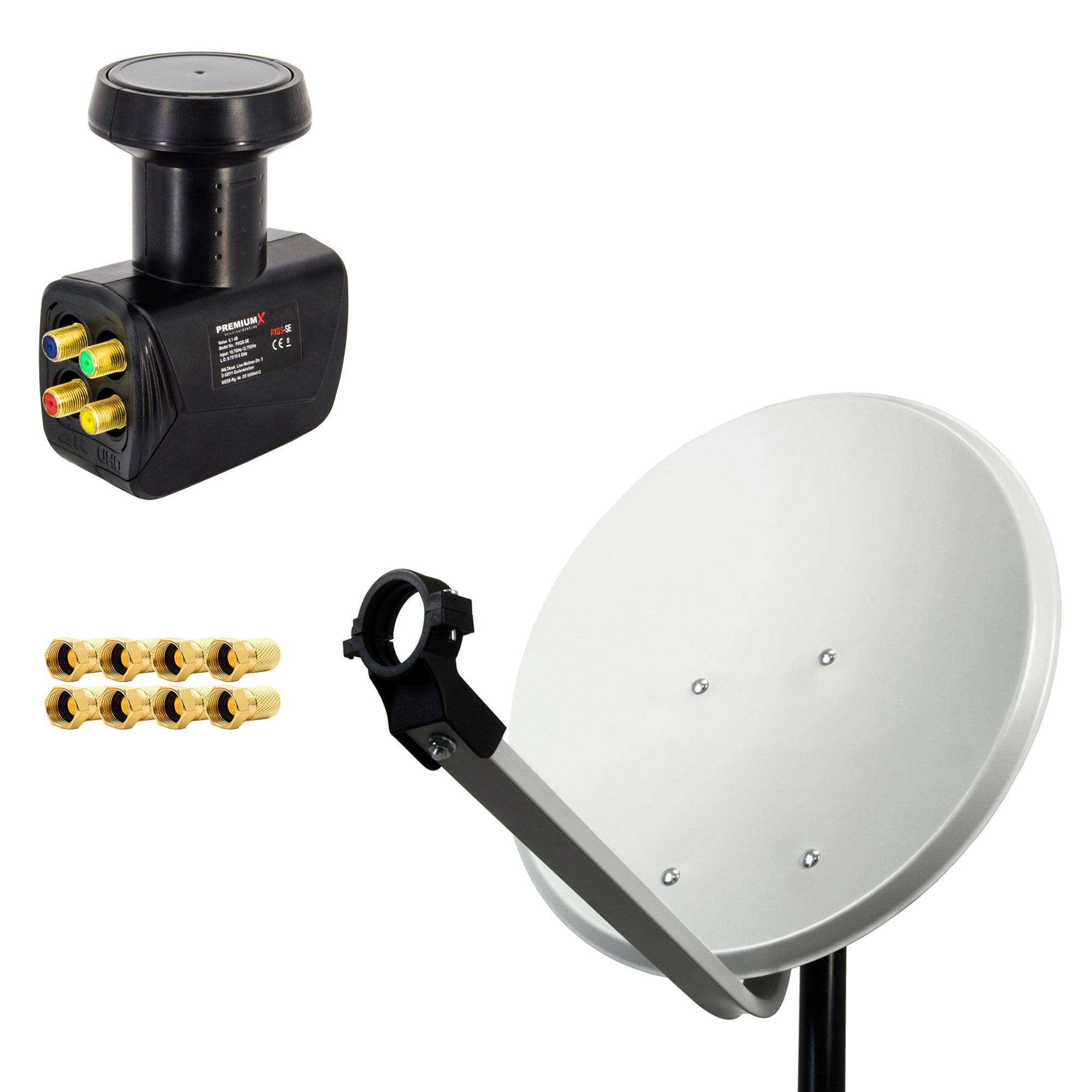 PremiumX 45cm Satellitenschüssel Stahl Hellgrau Satelliten-Antenne SAT Anlage Quad LNB 8x F-Stecker 4 Teilnehmer