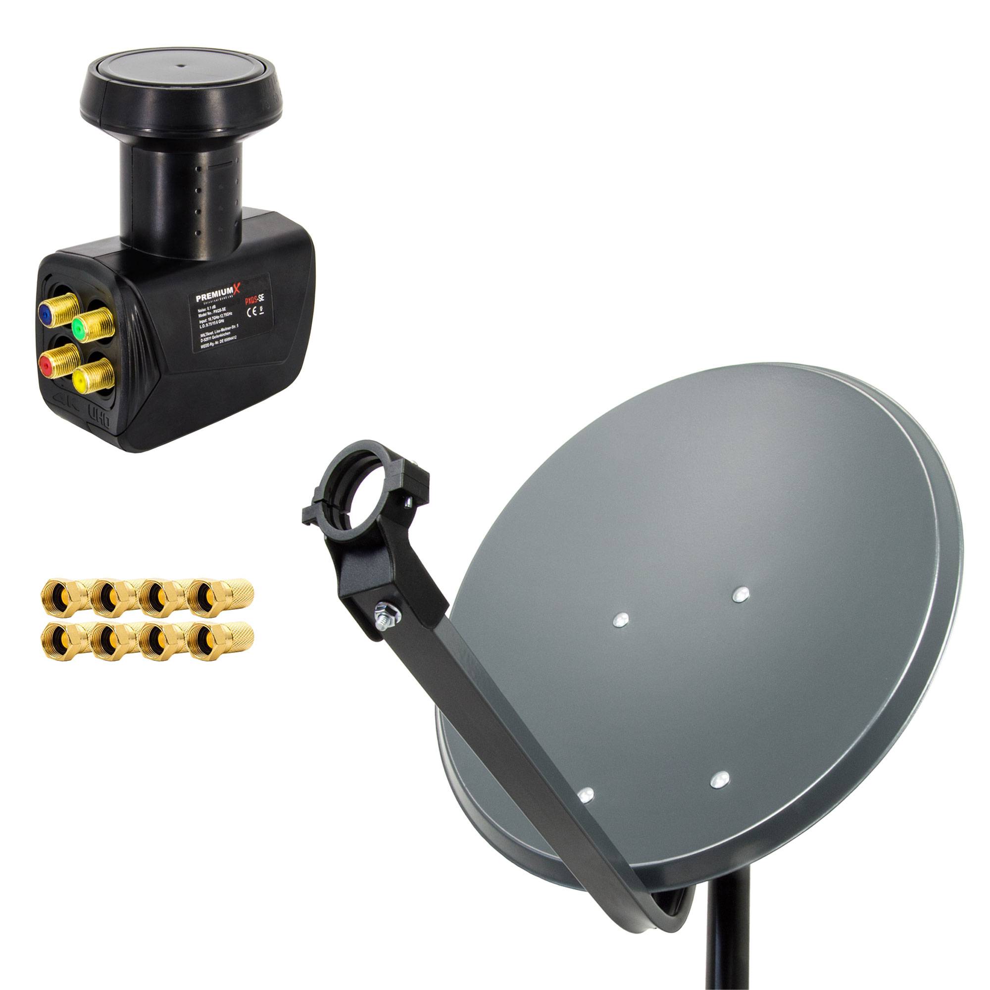 PremiumX 45cm Satelliten-Schüssel Stahl Anthrazit Satellitenantenne SAT Quad LNB 8x F-Stecker Satelliten-Komplettanlage 4 Teilnehmer
