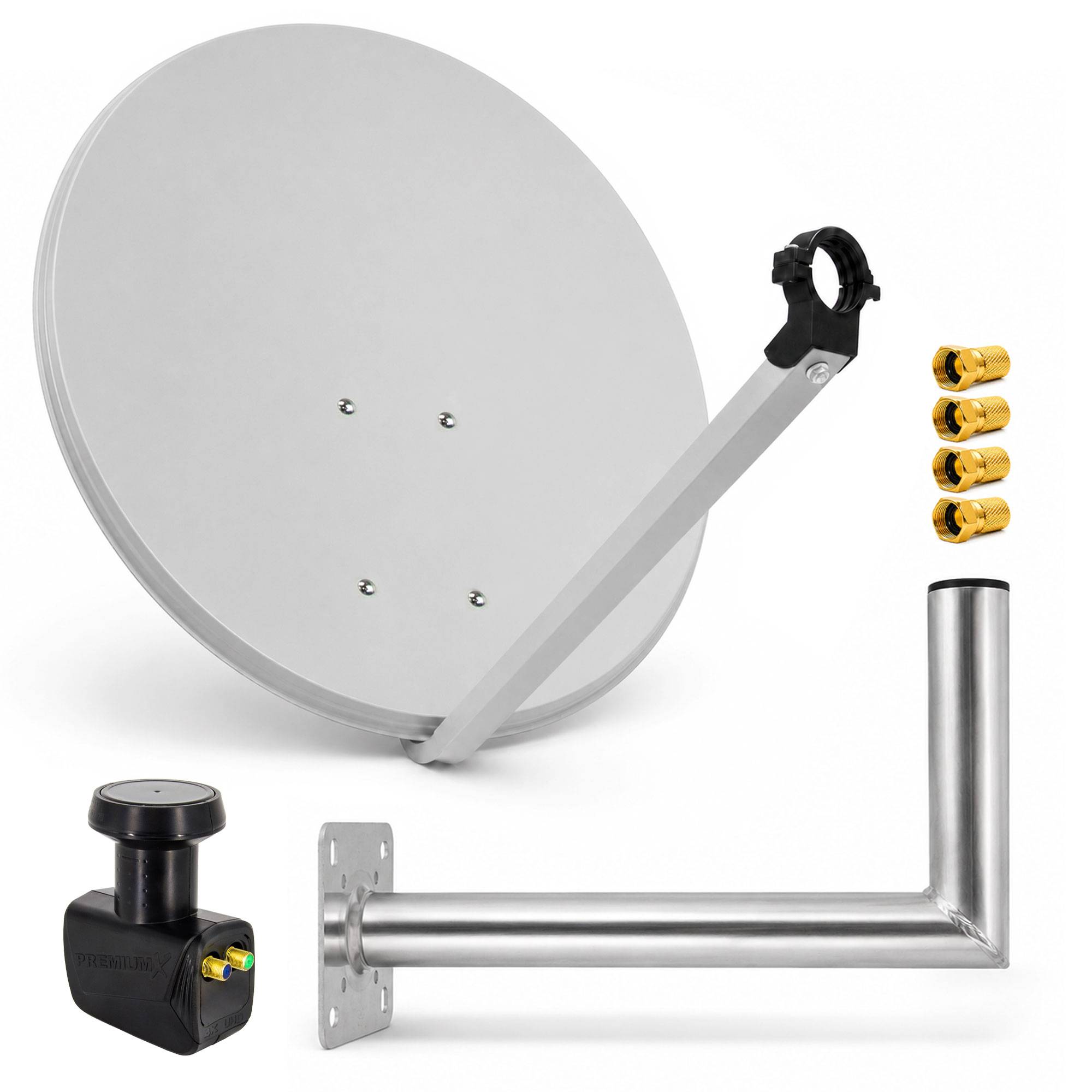Satellitenschüssel-Set mit Befestigungsarm und Halterung, Wandmontage, L-förmiger Stange und Koaxial-Steckverbindern auf weißem Hintergrund.
