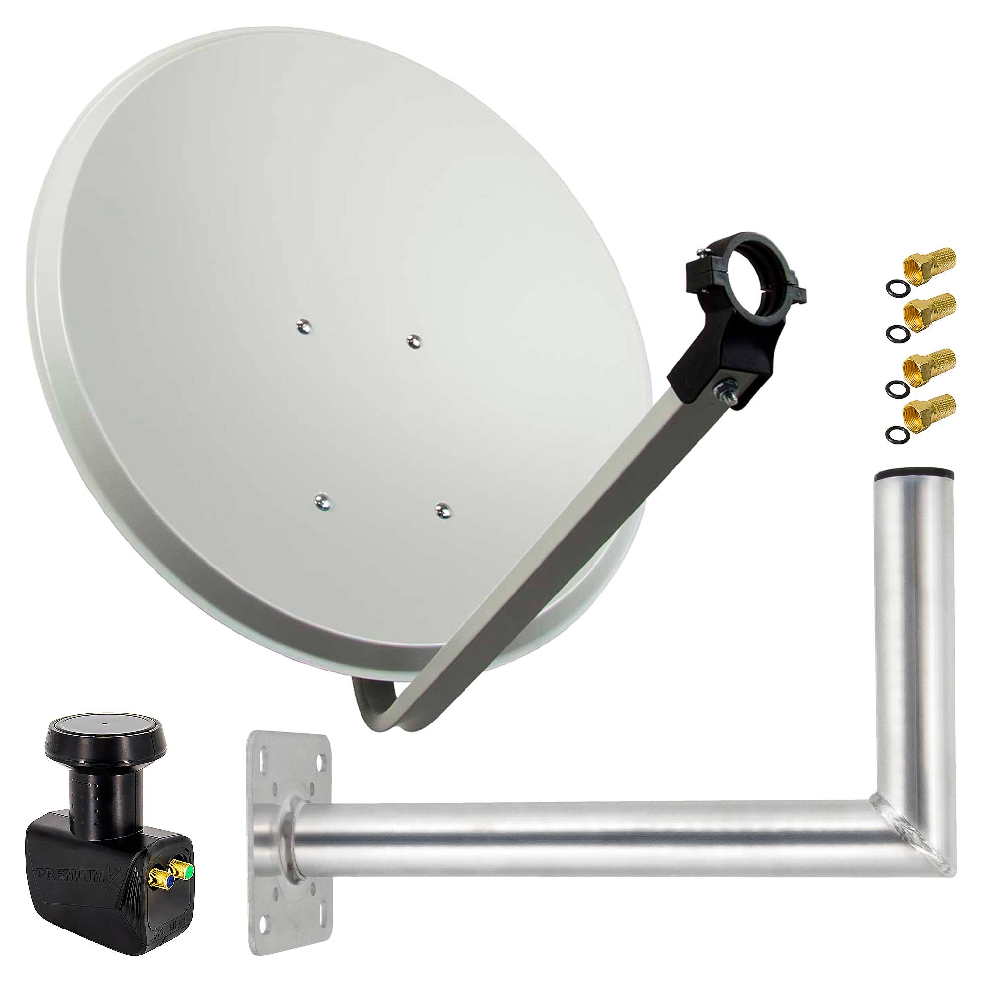 PremiumX Satelliten-Komplettanlage 80cm Satellitenantenne Hellgrau Satellitenschüssel SAT Twin LNB Wandhalter 45cm ALU 2 TN