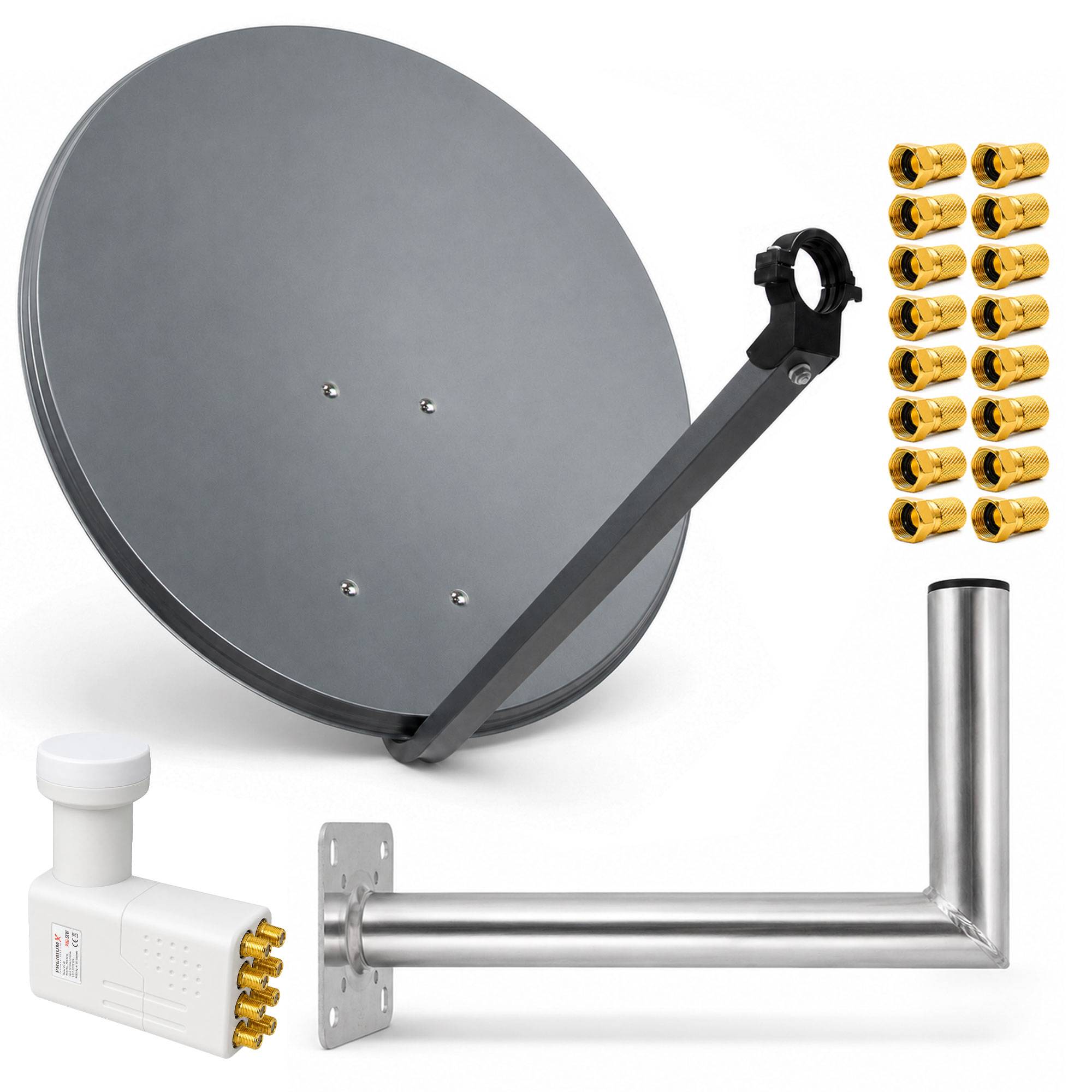 Satellitenschüssel-Antenne mit Halterung, L-förmiger Mastarm, Multischalter-/Anschlussblock und ein Satz vergoldeter Koaxialkonnektoren auf weißem Hintergrund.