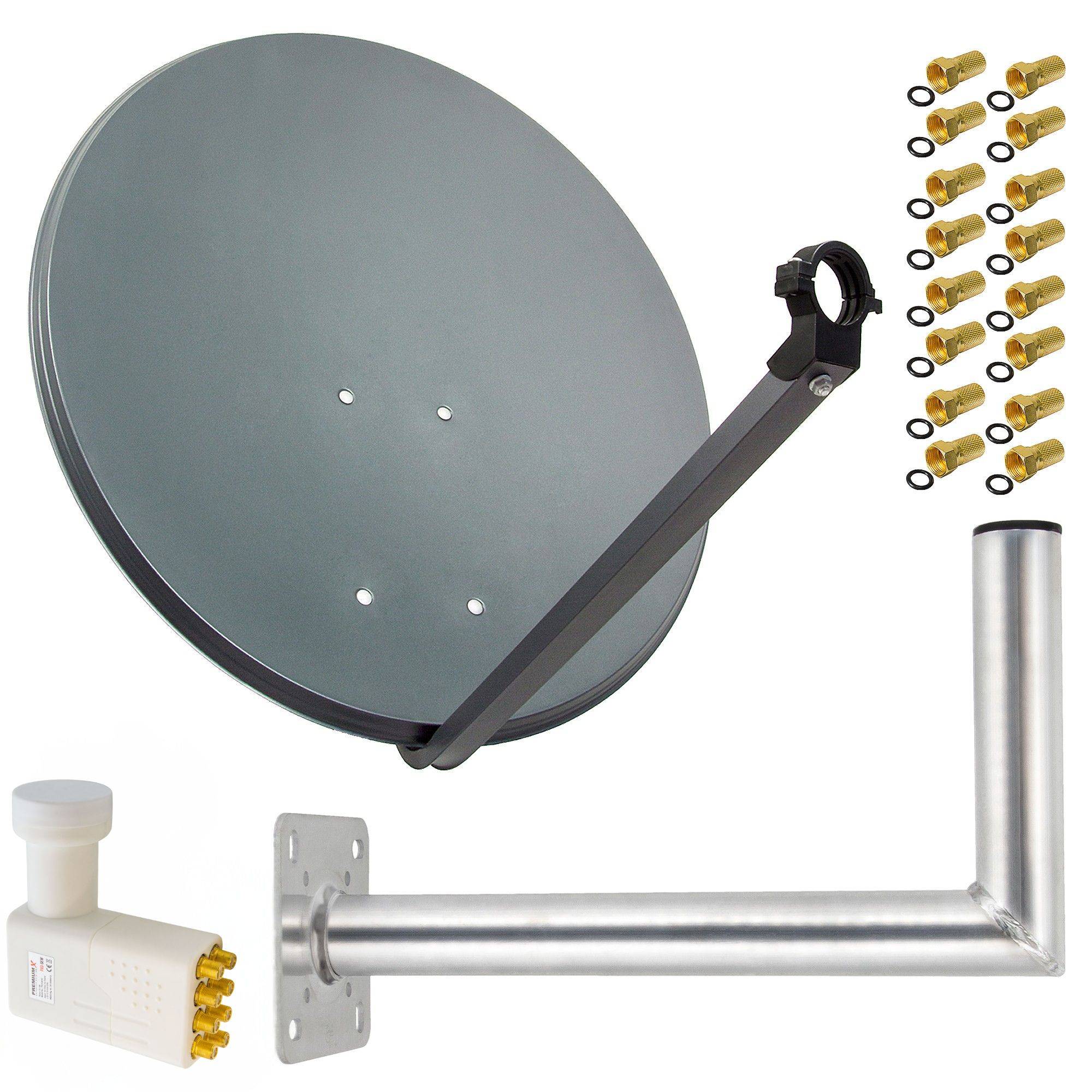PremiumX Satelliten-Komplettanlage 80cm Satellitenantenne Anthrazit Satellitenschüssel SAT Octo LNB 16x F-Stecker Wandhalter 45cm