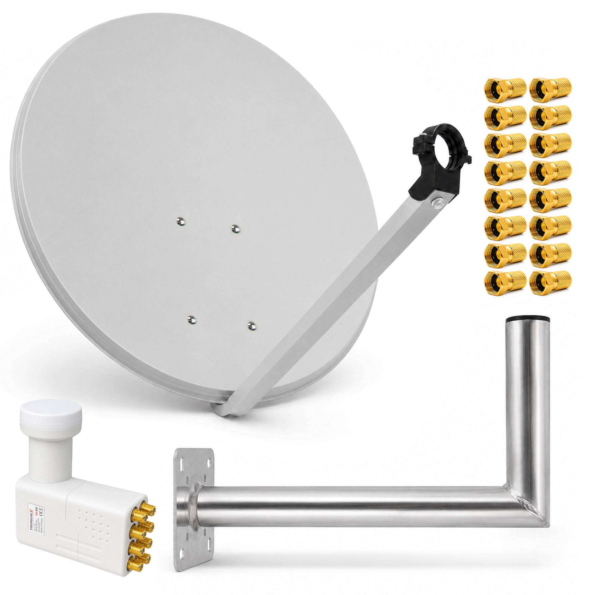 Satellitenantenne mit Montagearm, L-Winkel, Koaxial-LNB und vergoldeten Kabelsteckern, dargestellt als Antennenmontagesatz.