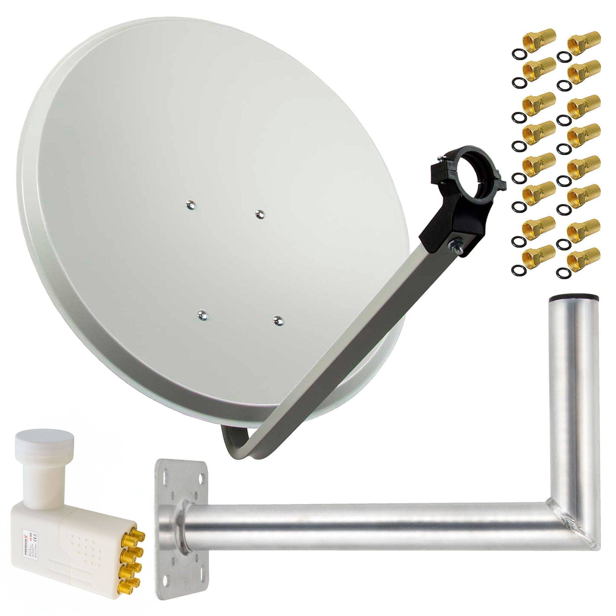 PremiumX Satelliten-Komplettanlage 80cm Satellitenantenne Hellgrau Stahl Satellitenschüssel SAT Octo LNB Wandhalter 45cm ALU 8TN