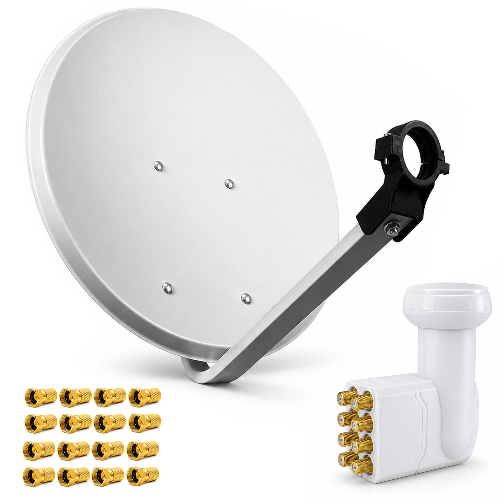 Satellitenschüssel mit Montagebügel und LNB, dargestellt mit zwei Sätzen von Koaxialsteckern und einem weißen Bogeneadapter auf einfachem Hintergrund.