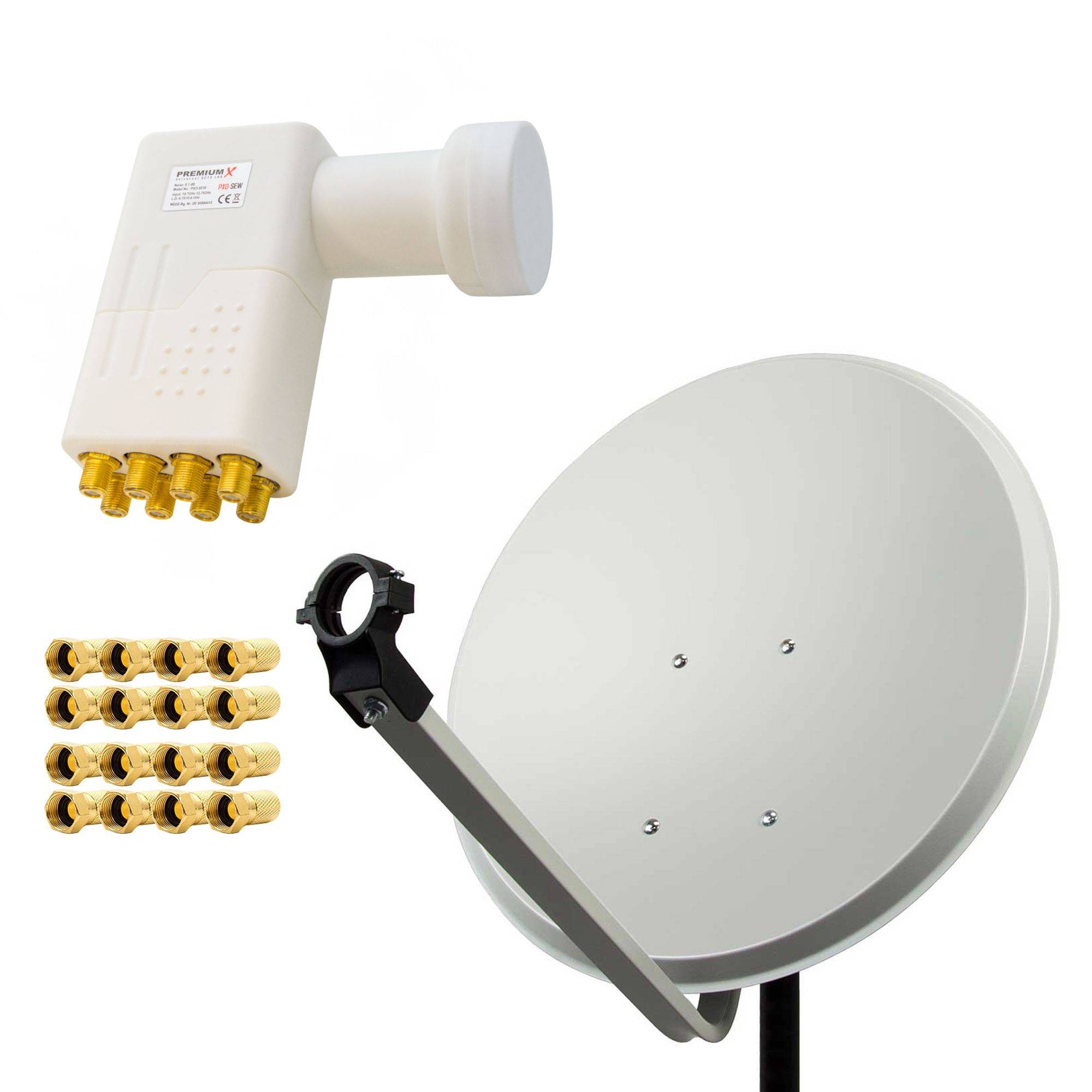 PremiumX Satelliten-Komplettanlage 80cm Satellitenschüssel Stahl Hellgrau Satellitenantenne SAT Octo LNB 16x F-Stecker 8 Teilnehmer