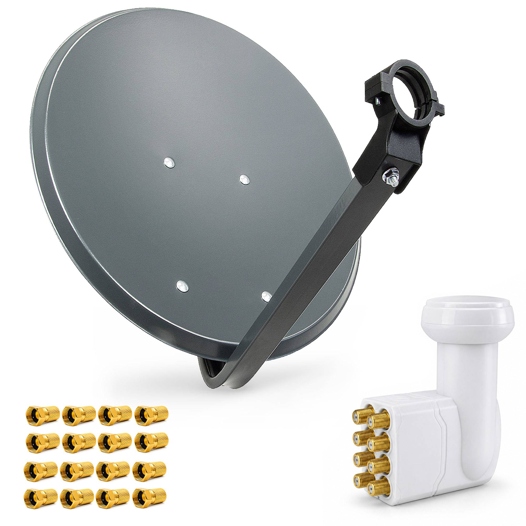 Graue Satellitenschüssel mit Halterungsarm, plus goldene Koaxialstecker und ein weißer LNB-Empfänger auf weißem Hintergrund.