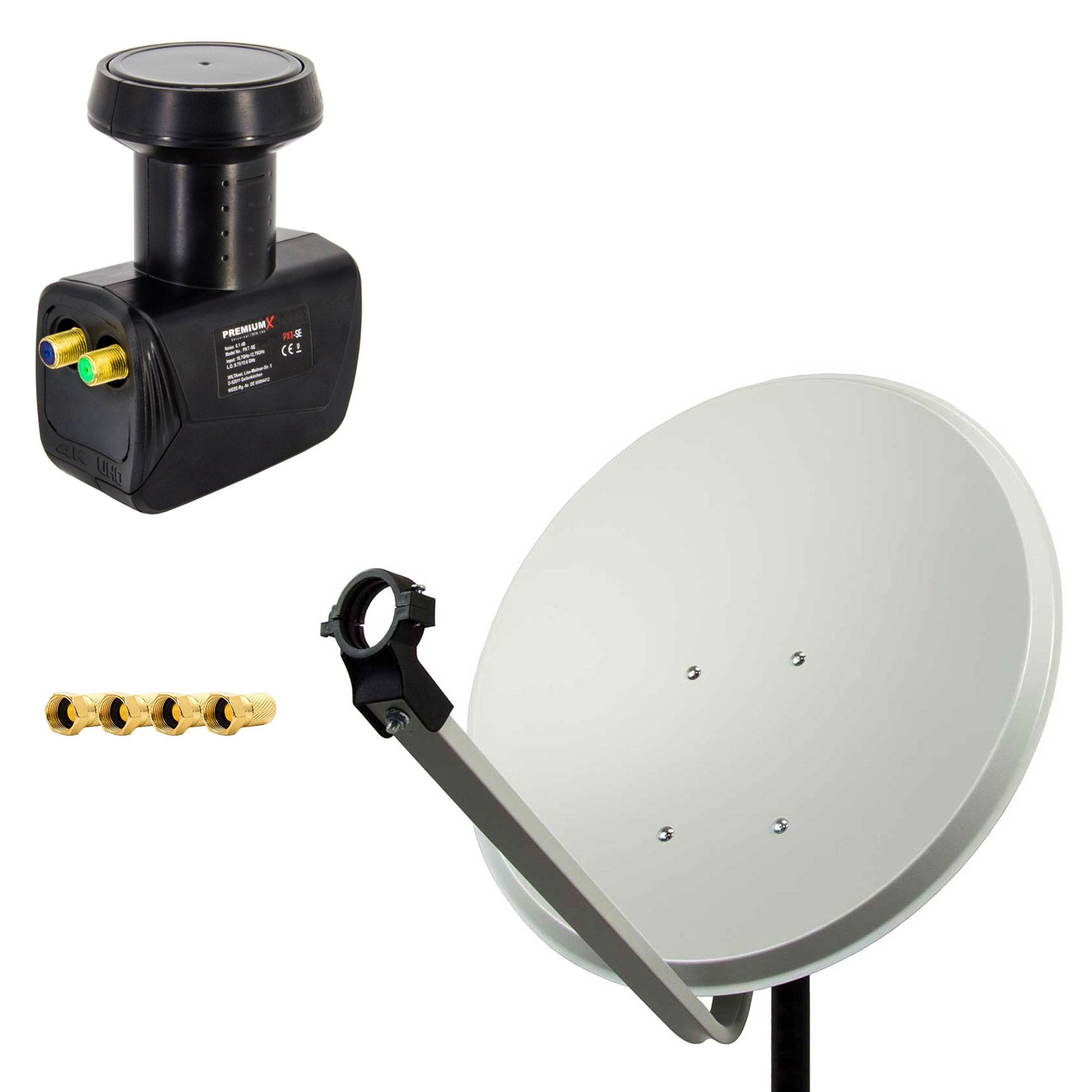PremiumX Satelliten-Komplettanlage 60cm Satellitenschüssel Stahl Hellgrau Satellitenantenne SAT Twin LNB 4x F-Stecker 2 Teilnehmer