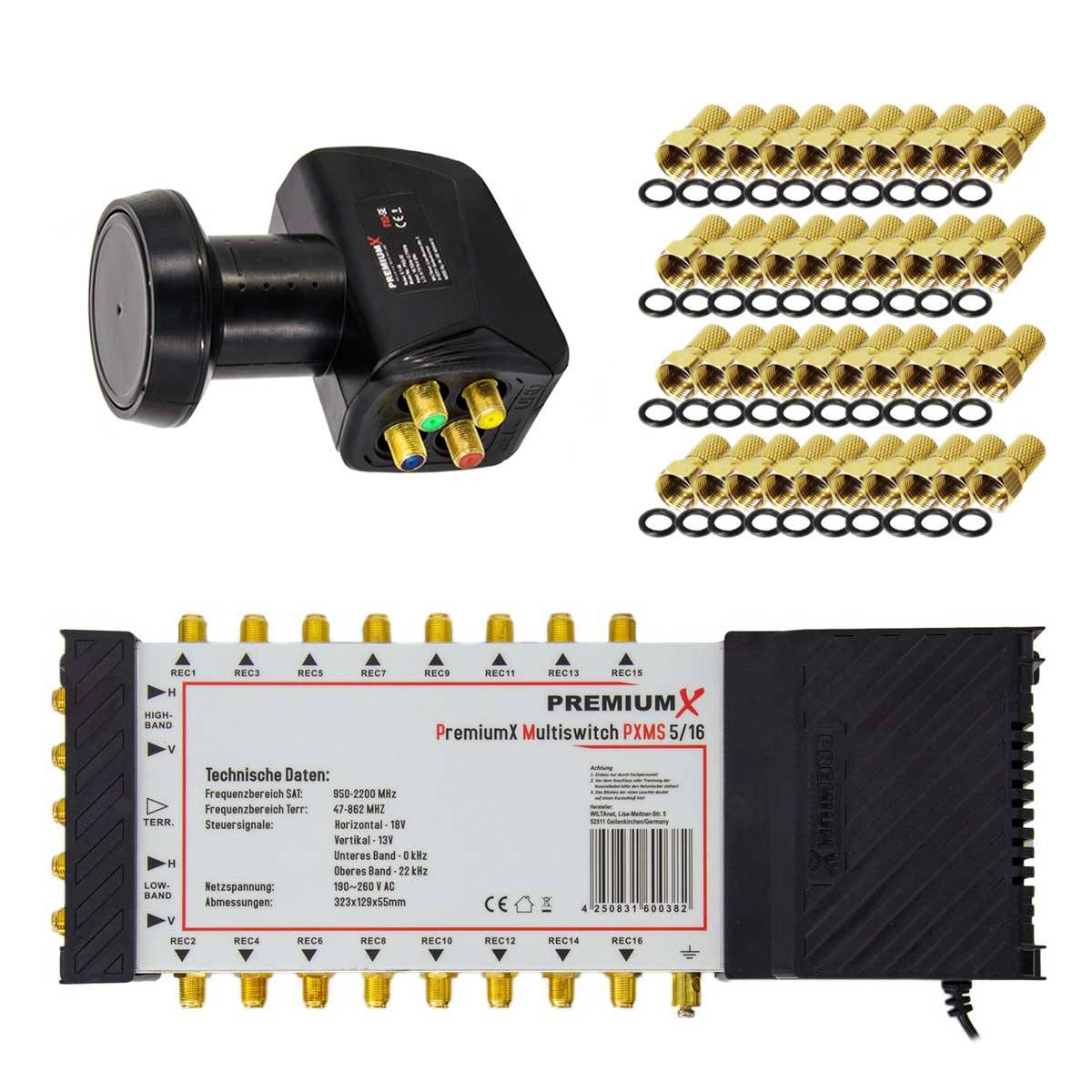 PremiumX Multischalter Set 5/16 Multiswitch Quattro LNB 40x F-Stecker, Satverteiler 1 SAT für 16 Teilnehmer HDTV FullHD 4K UHD 8K