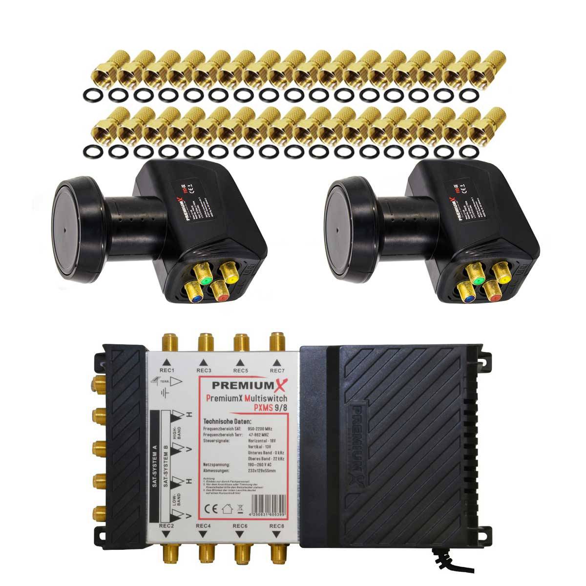 PremiumX Multischalter Set 9/8 Multiswitch 2x Quattro LNB 32x F-Stecker, Satverteiler 2 SAT für 8 Teilnehmer HDTV FullHD 4K UHD 8K