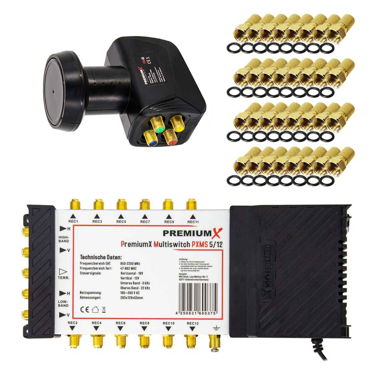 PremiumX Multischalter Set 5/12 Multiswitch Quattro LNB 32x F-Stecker, Satverteiler 1 SAT für 12 Teilnehmer HDTV FullHD 4K UHD 8K