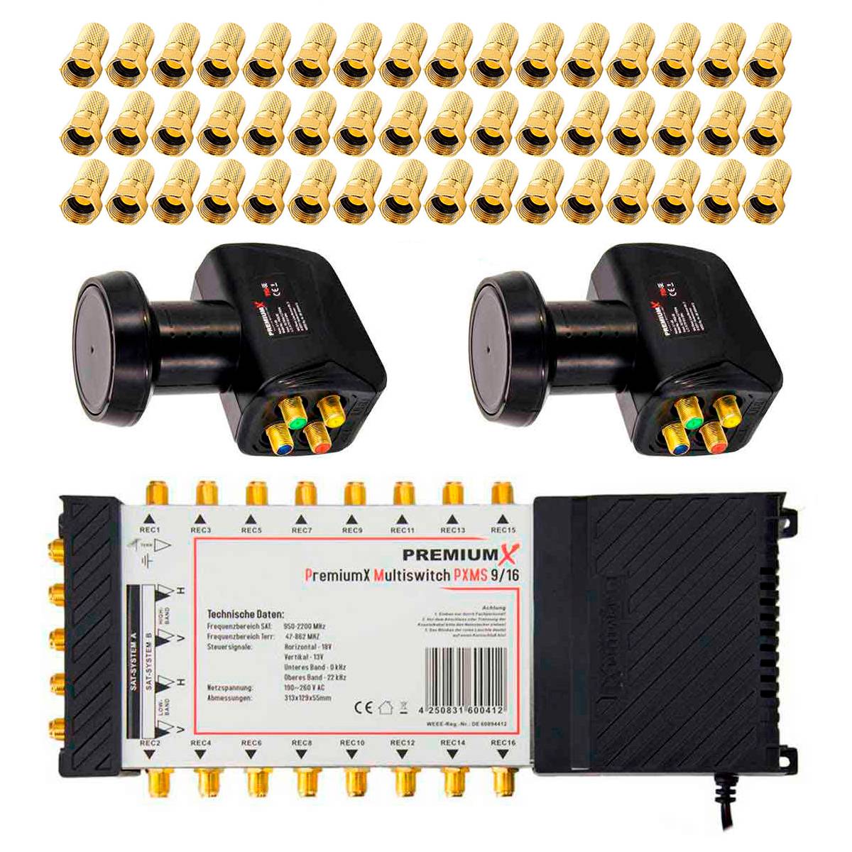 PremiumX Multischalter Set 9/16 Multiswitch 2x Quattro LNB 48x F-Stecker, Satverteiler 2 SAT für 16 Teilnehmer HDTV FullHD 4K UHD 8K
