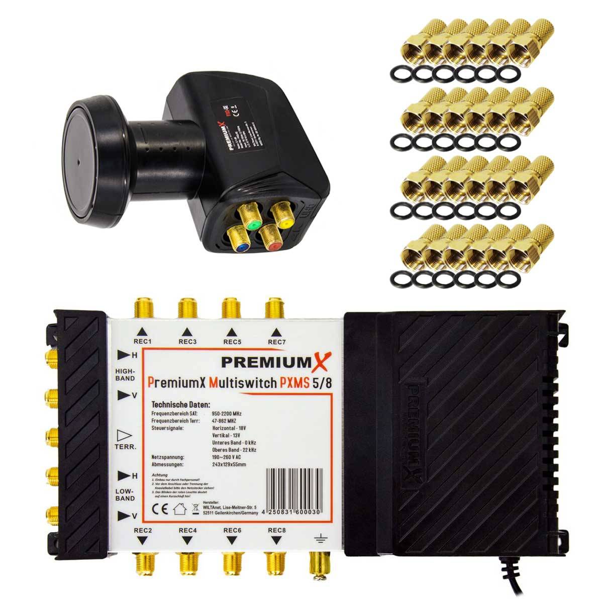 PremiumX Multischalter Set 5/8 Multiswitch Quattro LNB 24x F-Stecker, Satverteiler 1 SAT für 8 Teilnehmer HDTV FullHD 4K UHD 8K