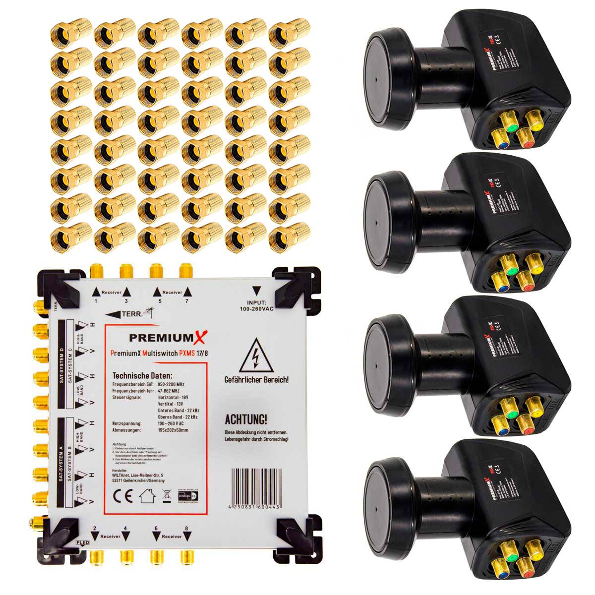 PremiumX Multischalter Set 17/8 Multiswitch 4x Quattro LNB 48x F-Stecker, Satverteiler 4 SAT für 8 Teilnehmer HDTV FullHD 4K UHD 8K