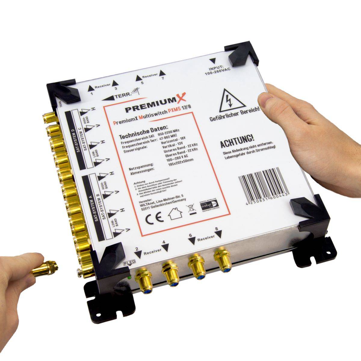 PremiumX Multischalter Set 17/8 Multiswitch 48x F-Stecker F-Aufdrehhilfe, Satverteiler 4 SAT für 8 Teilnehmer