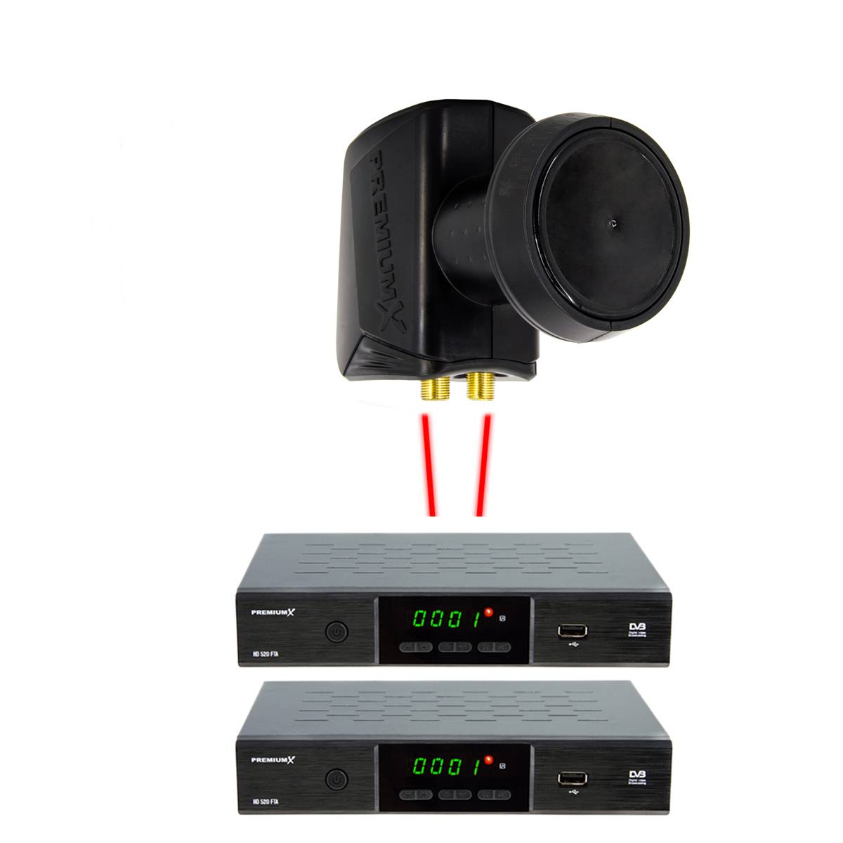 PremiumX Twin LNB schwarz SAT Direktanschluss 2 Teilnehmer Satellit TV Signalumsetzer DVB-S2 HD 4K inkl. 4x F-Stecker