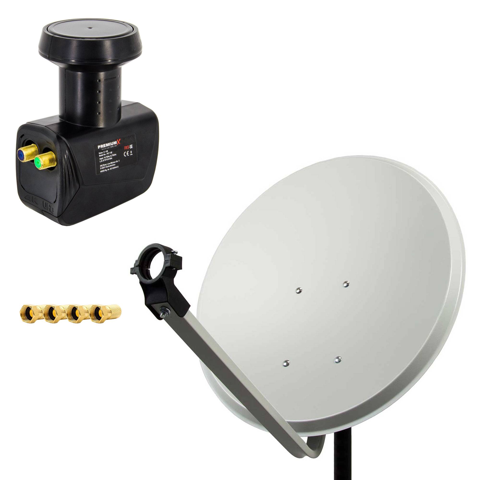 PremiumX Satelliten-Komplettanlage 80cm Satellitenschüssel Stahl Hellgrau Satellitenantenne SAT Twin LNB 4x F-Stecker 2 Teilnehmer