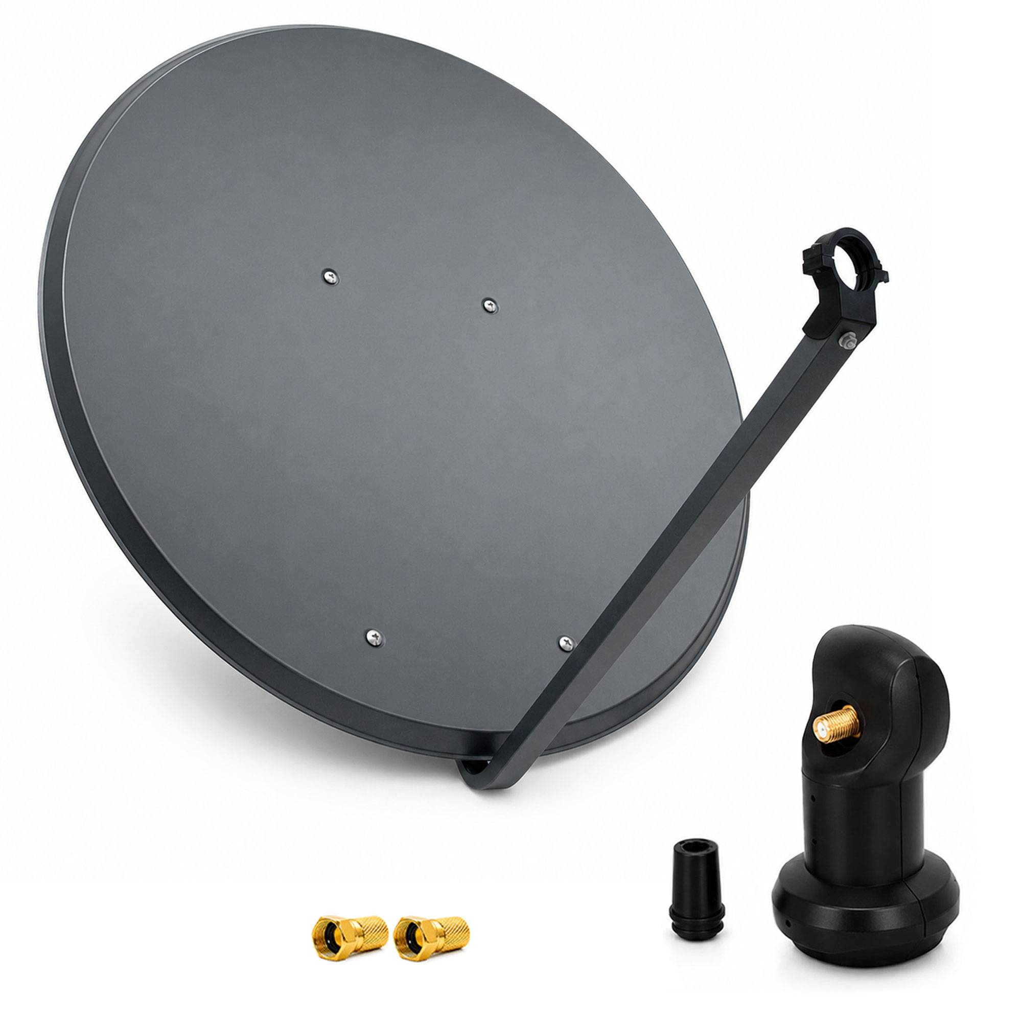 Satellitenantennenkabel-Set mit Halterungsarm, LNB, Steckverbindern und Kabeladapter auf weißem Hintergrund.