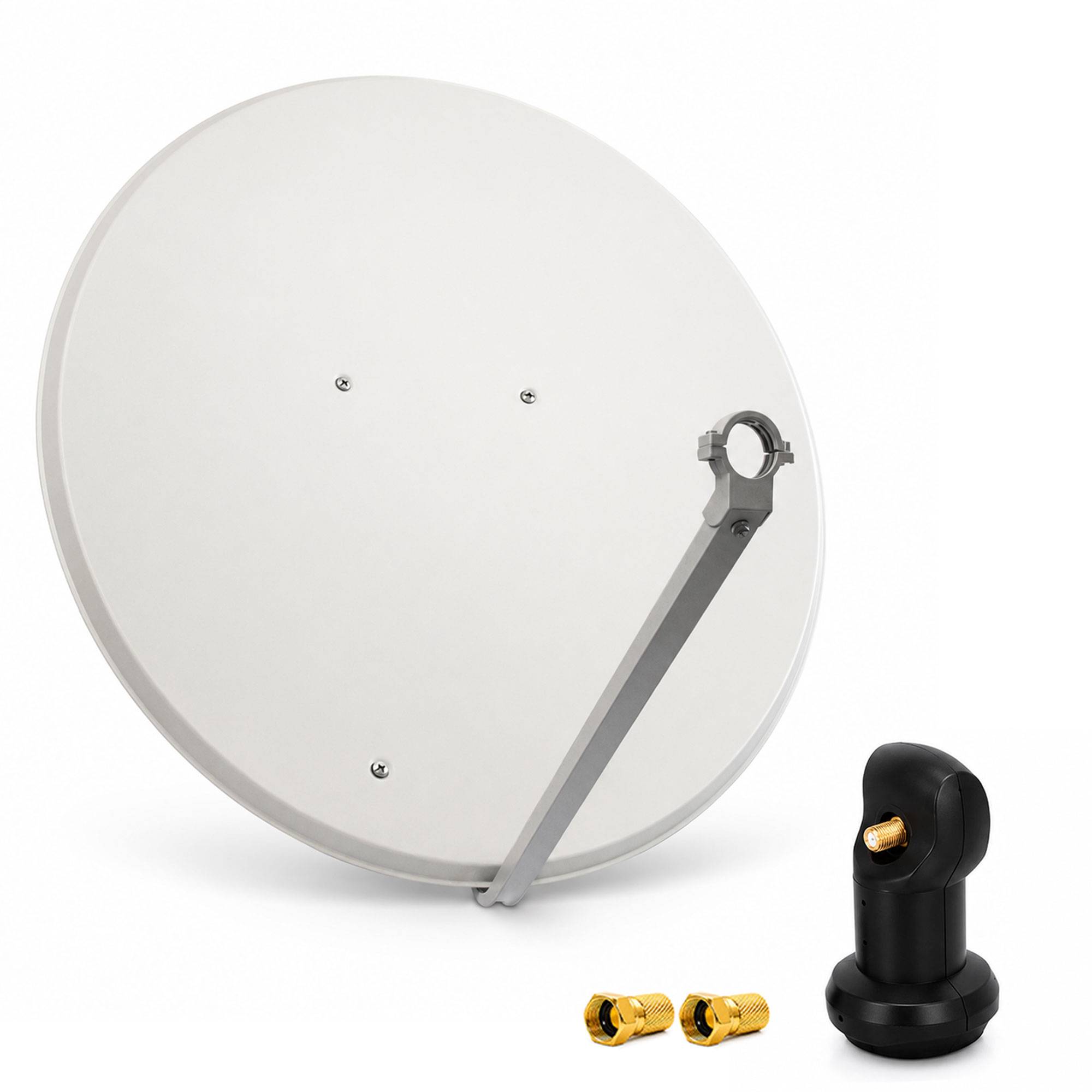 Weiße Satellitenschüssel mit Montagarm, schwarzem LNB und zwei goldenen Koaxialkonnektoren auf weißem Hintergrund.