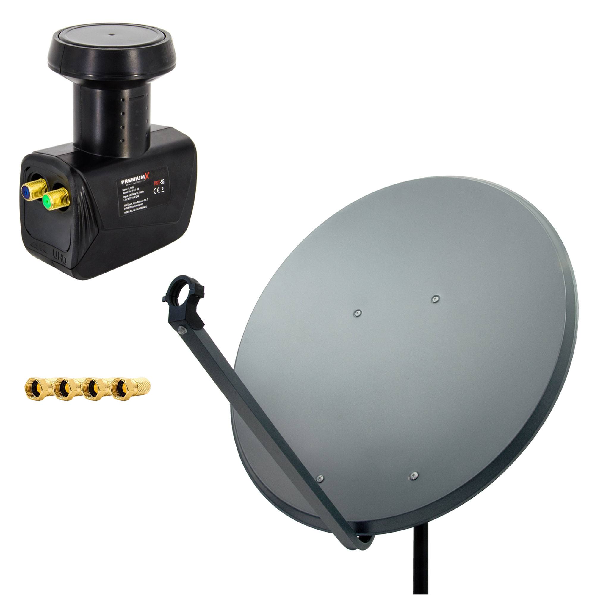 PremiumX Satelliten-Komplettanlage 100cm Satellitenschüssel Aluminium Anthrazit Antenne Twin LNB 4x F-Stecker, SAT bis 2 Teilnehmer