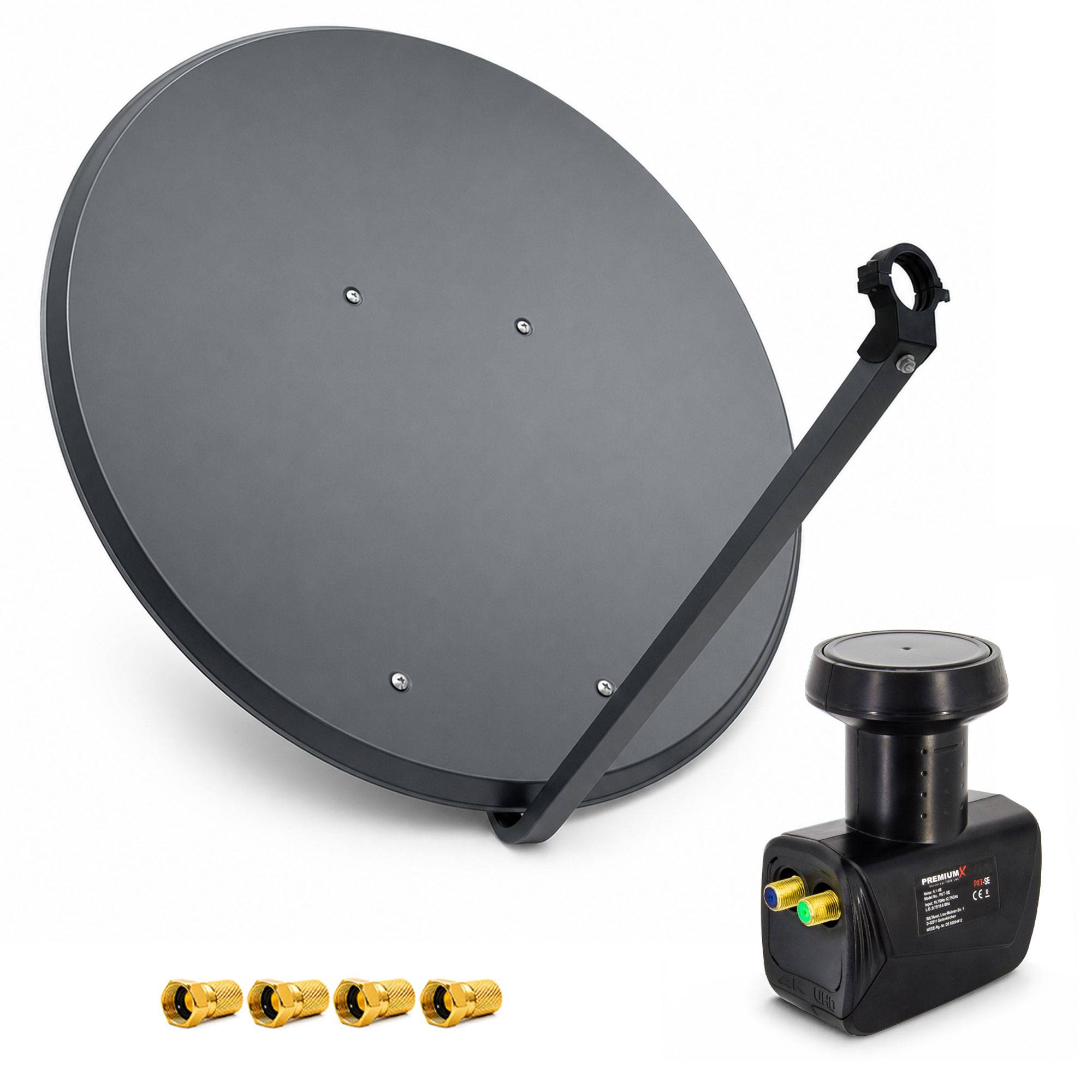 Satellitenempfängerantenne mit LNB-Empfänger und vier vergoldeten Koaxialsteckern, dargestellt als Montagesatz auf weißem Hintergrund.