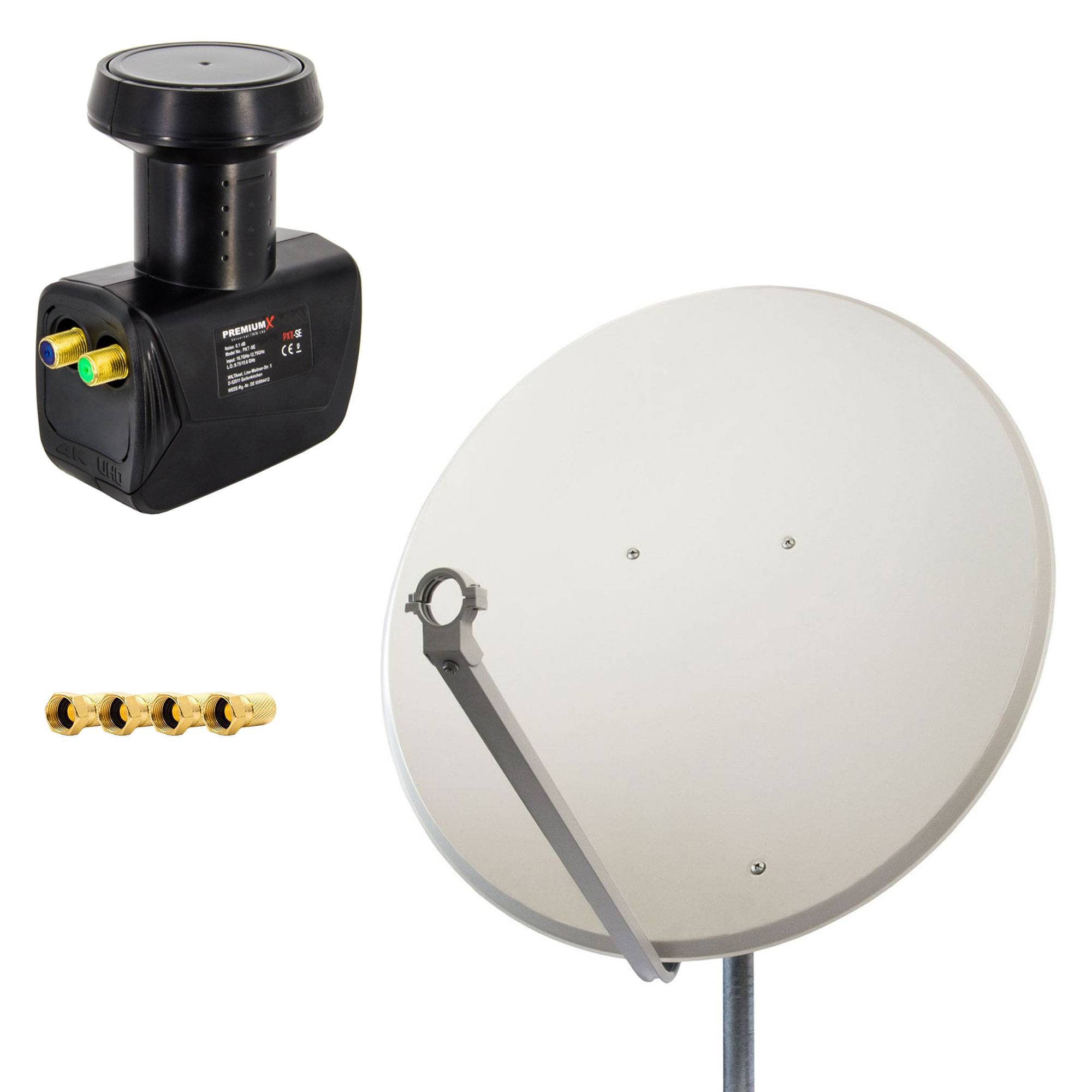 PremiumX Satelliten-Komplettanlage 100cm Satellitenschüssel Aluminium Hellgrau Antenne Twin LNB F-Stecker, SAT bis 2 Teilnehmer