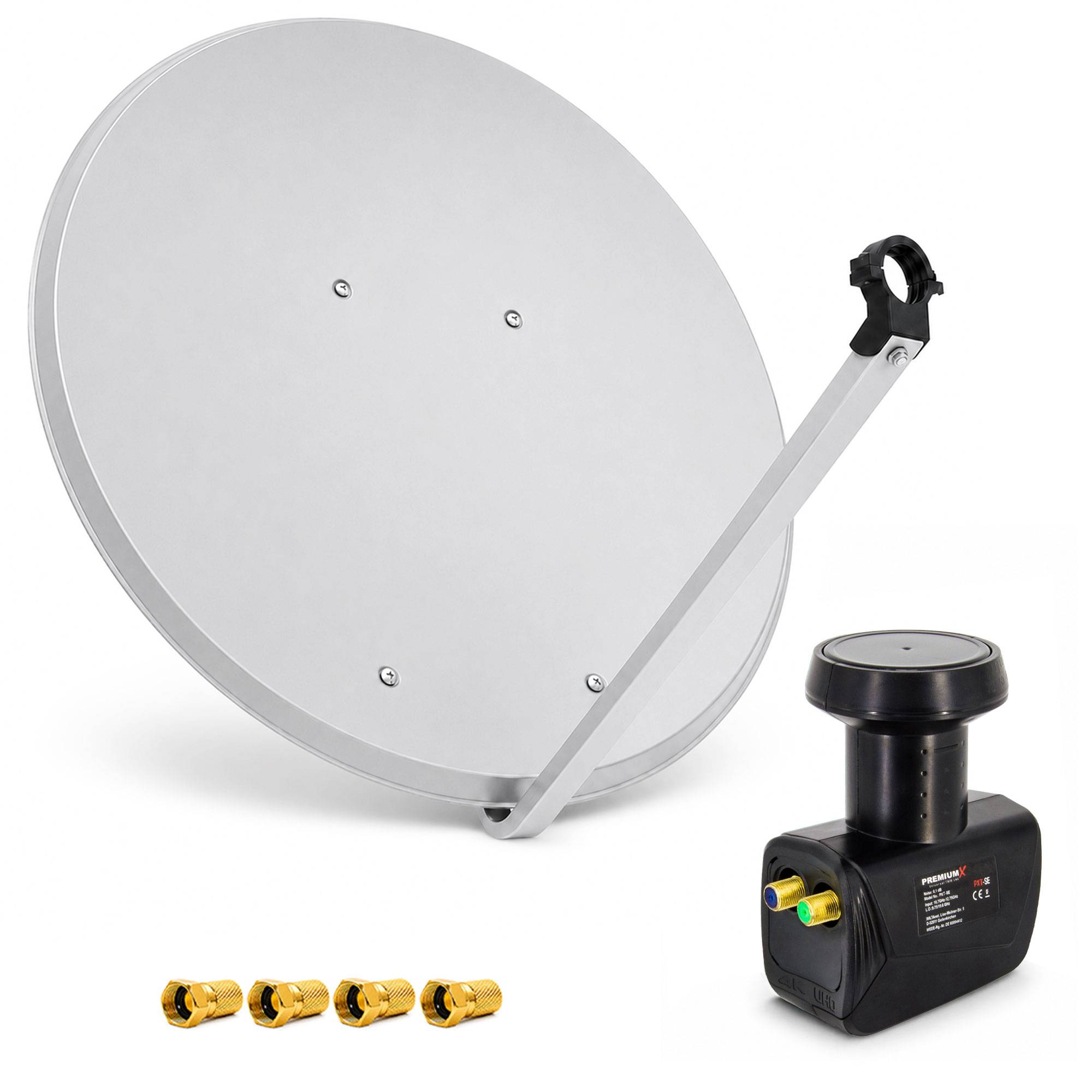 Satellitensch­üssel­antenne mit Montage­arm und Speise­empfänger plus vier gold­farbene Stecker­verbindungen auf weißem Hintergrund.