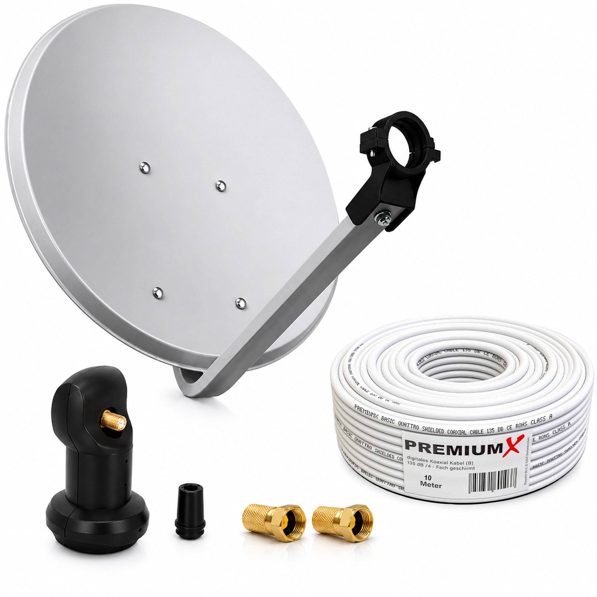 Satellitenschüssel-Set mit Montagarm, Koaxialkabel, Stecker und zwei Messingarmaturen auf weißem Hintergrund.
