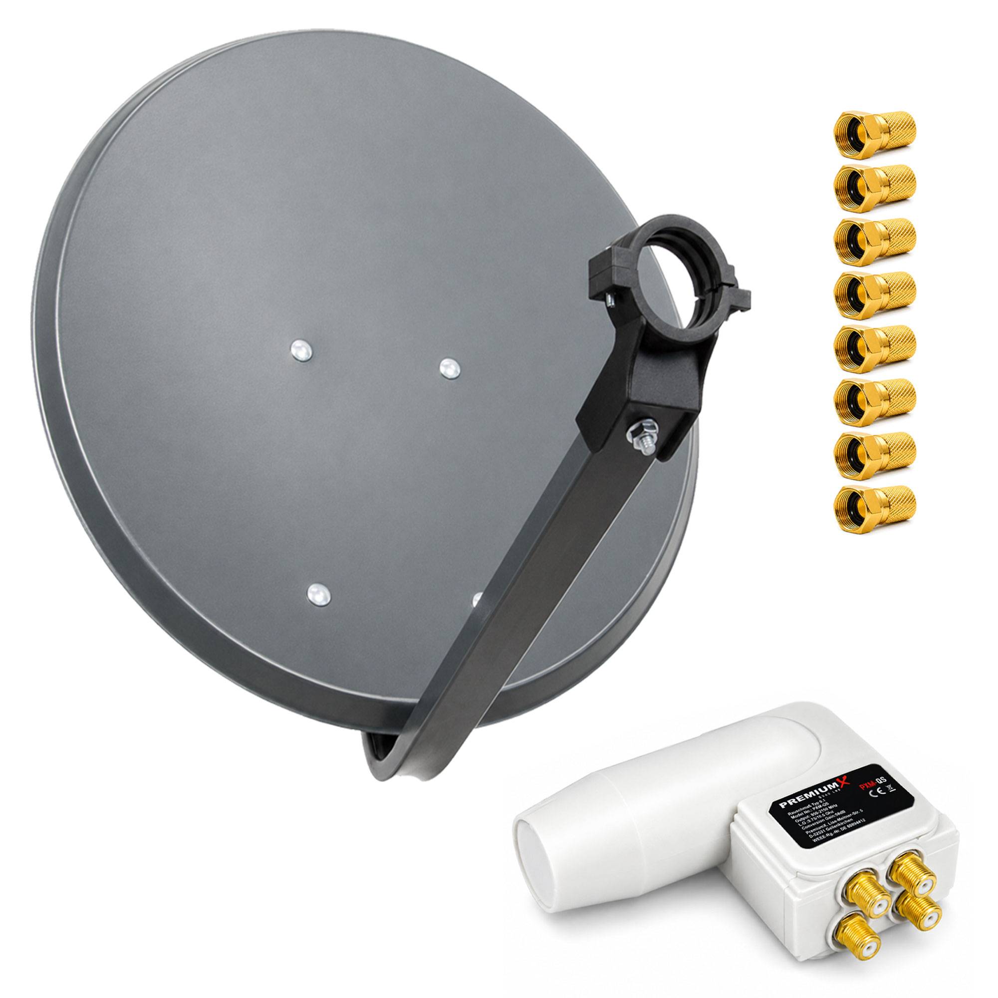 Satellitensch üssel-Set mit LNB und acht vergoldeten Steckverbindern, dargestellt auf weißem Hintergrund.