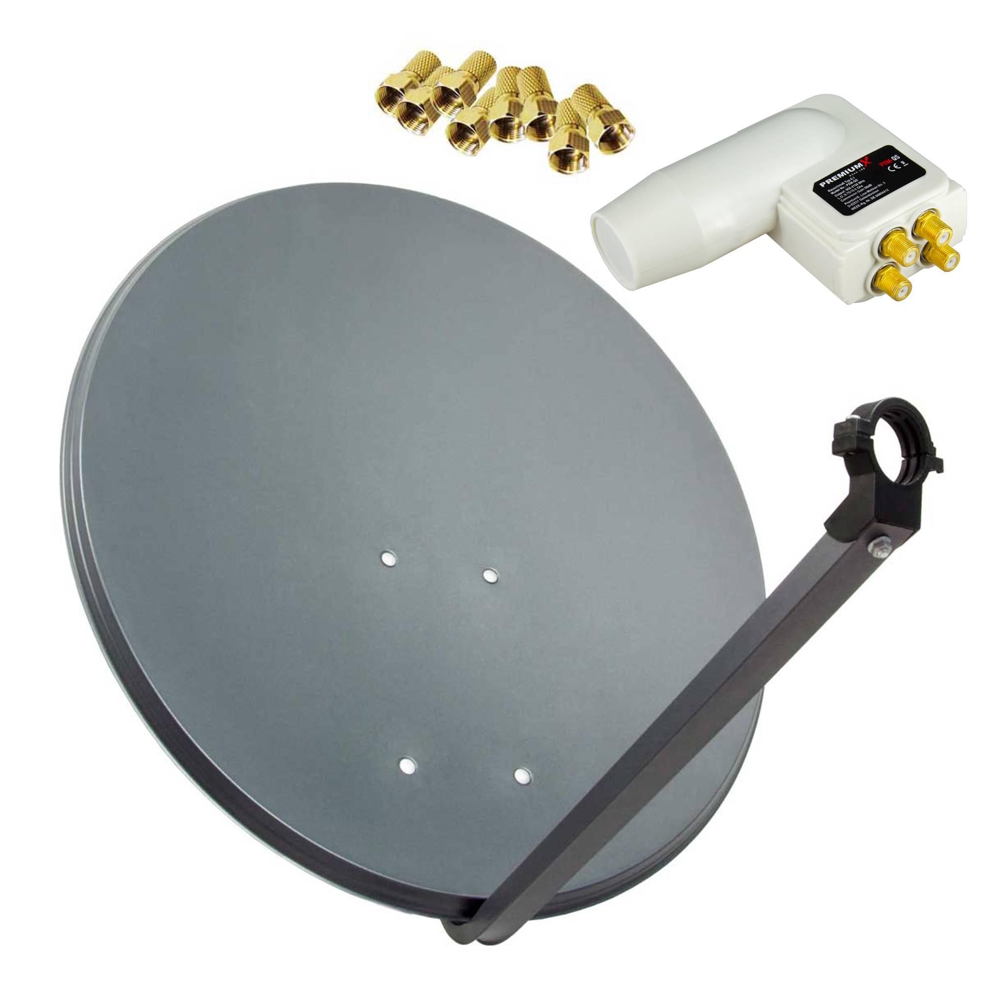 PremiumX Satelliten-Komplettanlage 80cm Satellitenschüssel Aluminium Satellitenantenne Quad LNB 8x F-Stecker, SAT bis 4 Teilnehmer