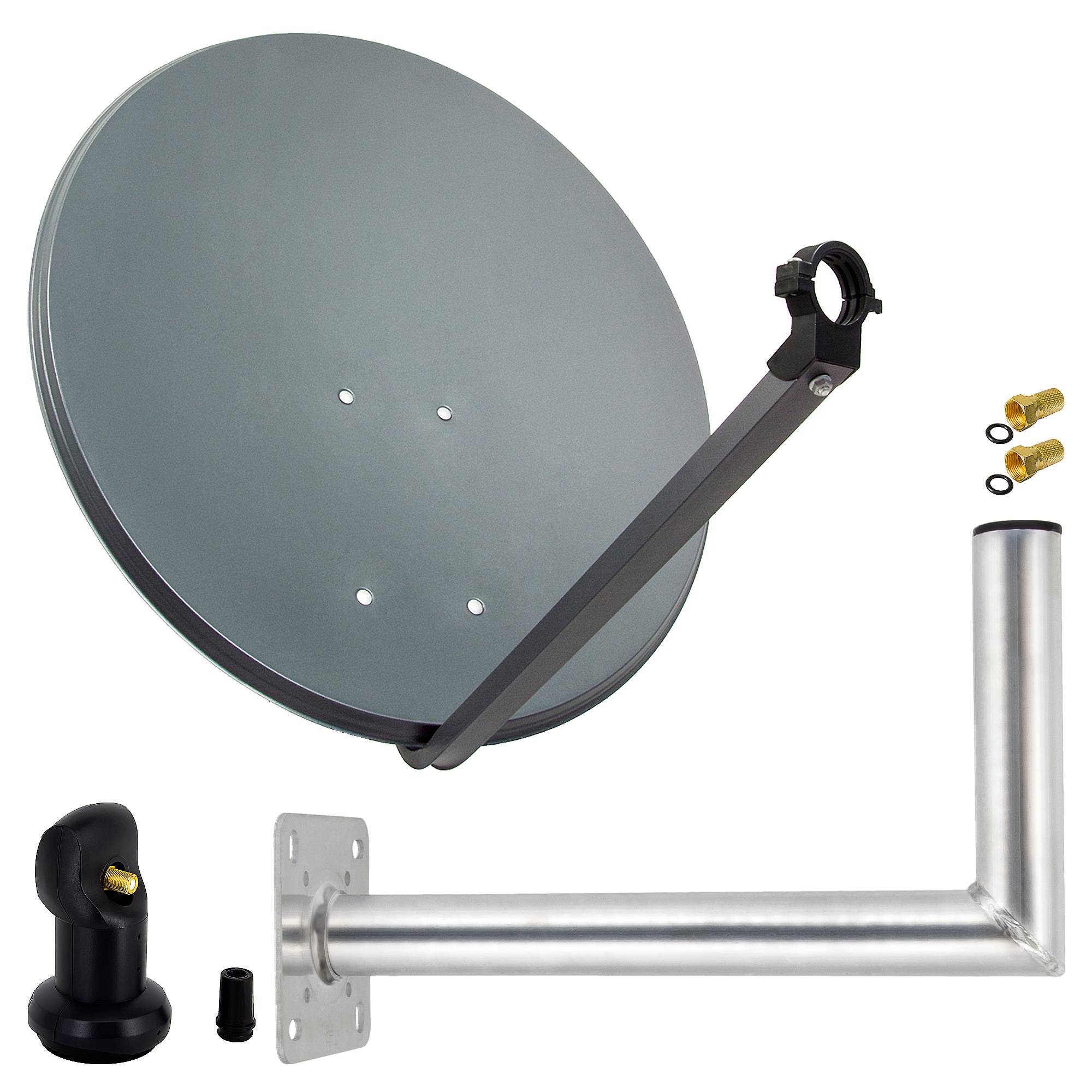 PremiumX Satelliten-Komplettanlage 80cm Satellitenantenne Anthrazit Satellitenschüssel SAT Single LNB 2x F-Stecker Wandhalter 45cm