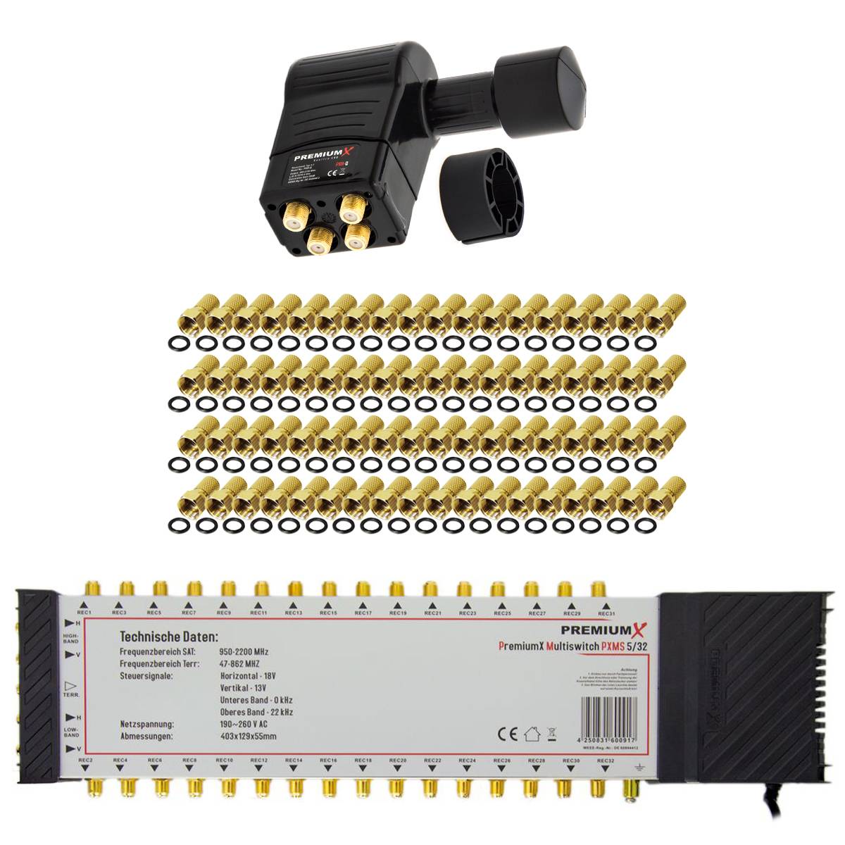 PremiumX Multischalter Set 5/32 Multiswitch 2x Rocket 3° Multifeed Quattro LNB 72x F-Stecker, Signalverteiler 1 SAT für 32 Teilnehmer