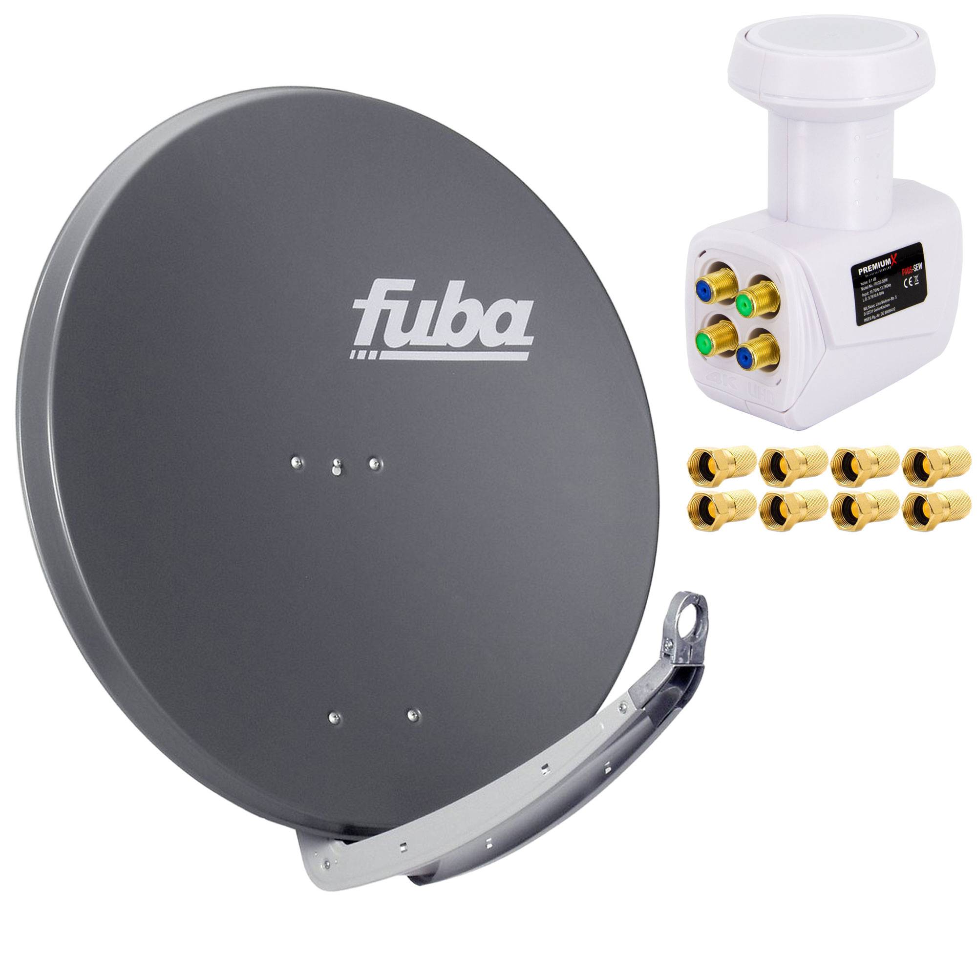 Premium X Satelliten-Komplettanlage Fuba DAA 850 A Satellitenschüssel Alu Anthrazit Quad LNB weiß 8x F-Stecker für 4 Teilnehmer