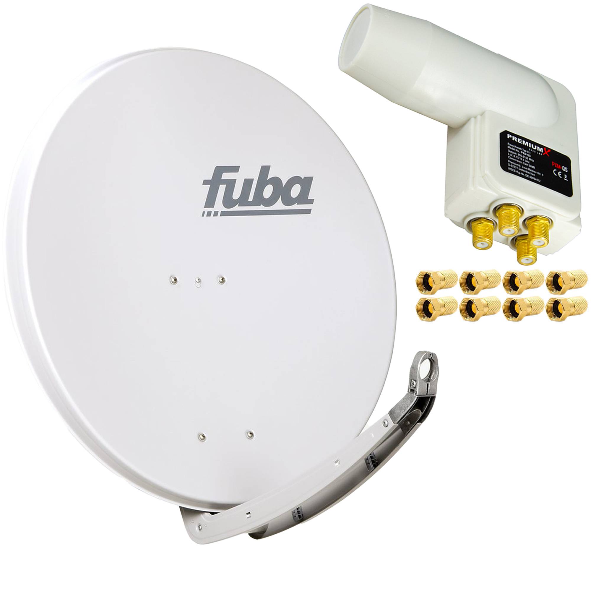Premium X Satelliten-Komplettanlage Fuba DAA 850 G Satellitenschüssel Alu Grau Quad LNB weiß 8x F-Stecker für 4 Teilnehmer