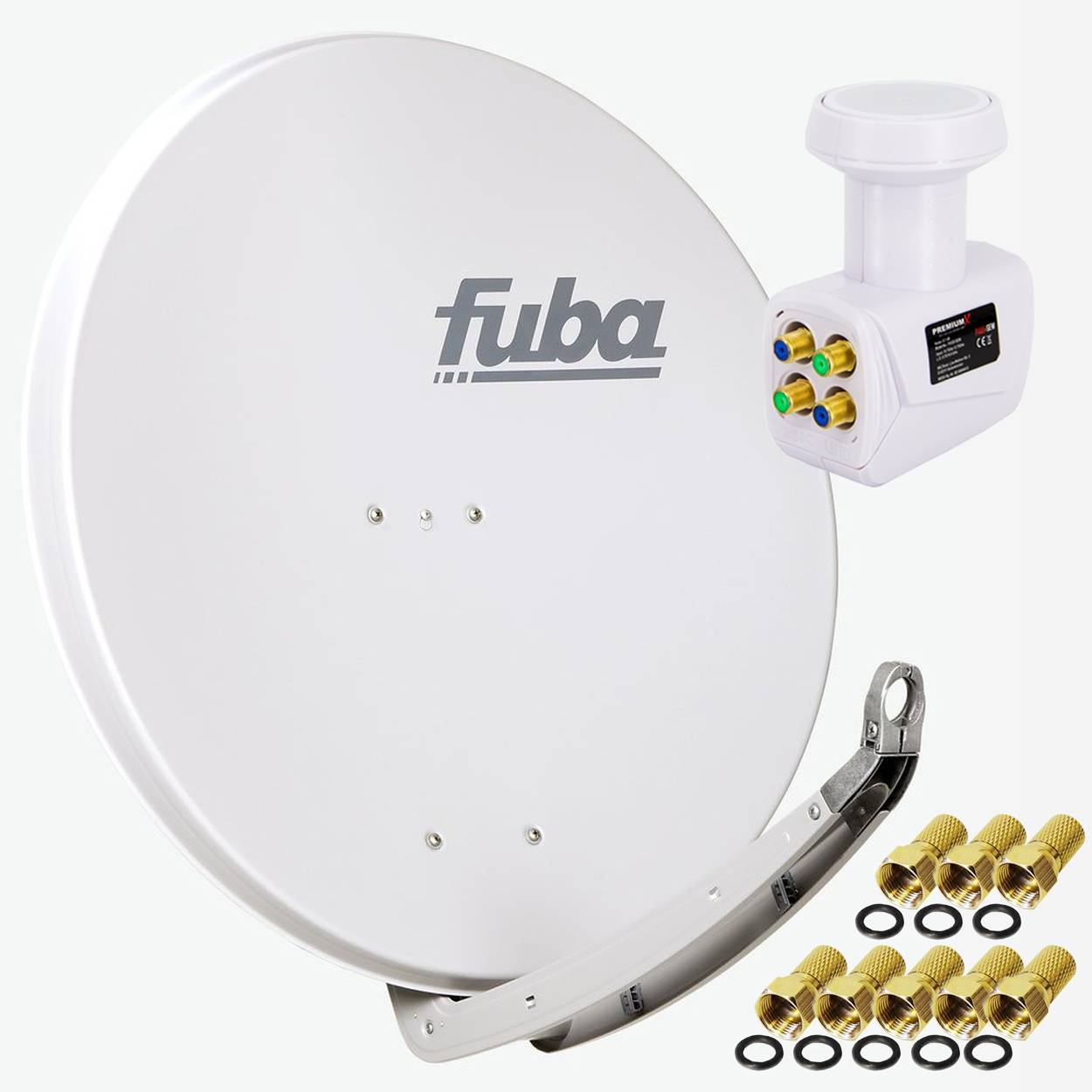 Premium X Satelliten-Komplettanlage Fuba DAA 850 G Satellitenschüssel Alu Grau Quad LNB weiß 8x F-Stecker für 4 Teilnehmer